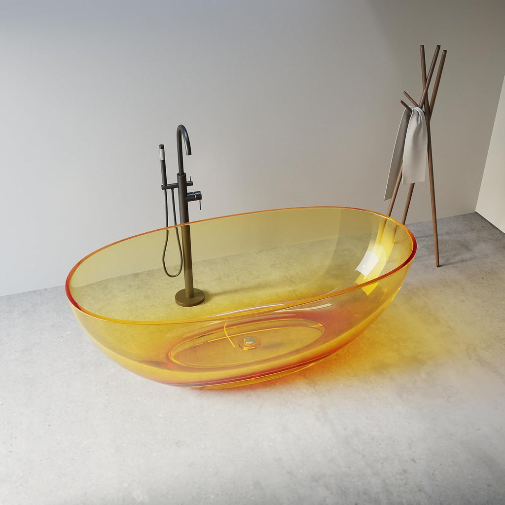 Solid Surface Freestanding Bathtub 61', Modern Oval Shape Soaking Tub, Stone Resin Stand Alone Bathtub with Drain & Integrated Slotted Overflow Transparent Orange AMFS303-1550-Orange