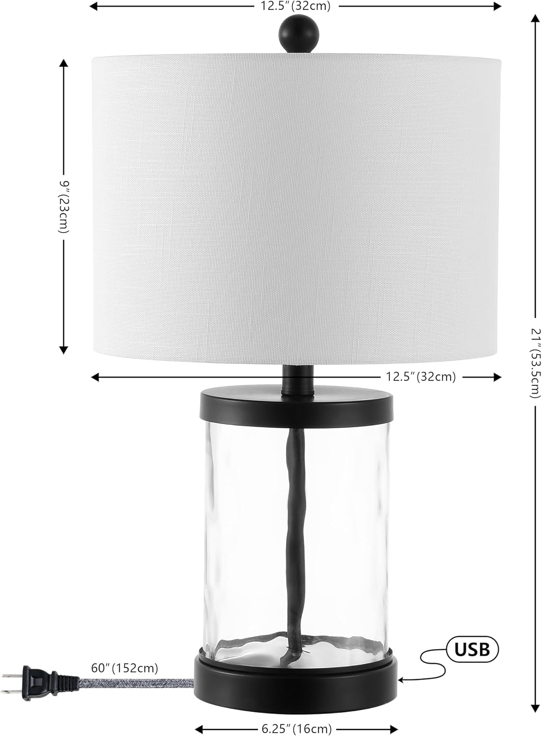 JONATHAN Y 21' Black Modern Industrial Water Glass Table Lamp Set of 2 with USB Charging Port, Iron Bedside Lamp for Bedroom Living Room, White Shade, LED Bulbs Included JYL4058A-SET2