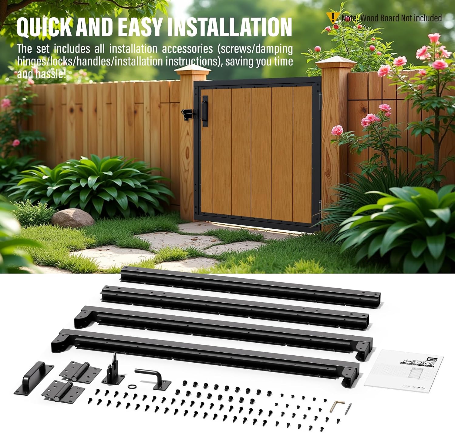 3x3FT Fence Gate Frame Kit 201 Stainless Steel Anti-Sag Heavy Duty Garden Gate Reinforcement Hardware, Left/Right Mount (No Panels Included)(34.8'W x 35.4'H)