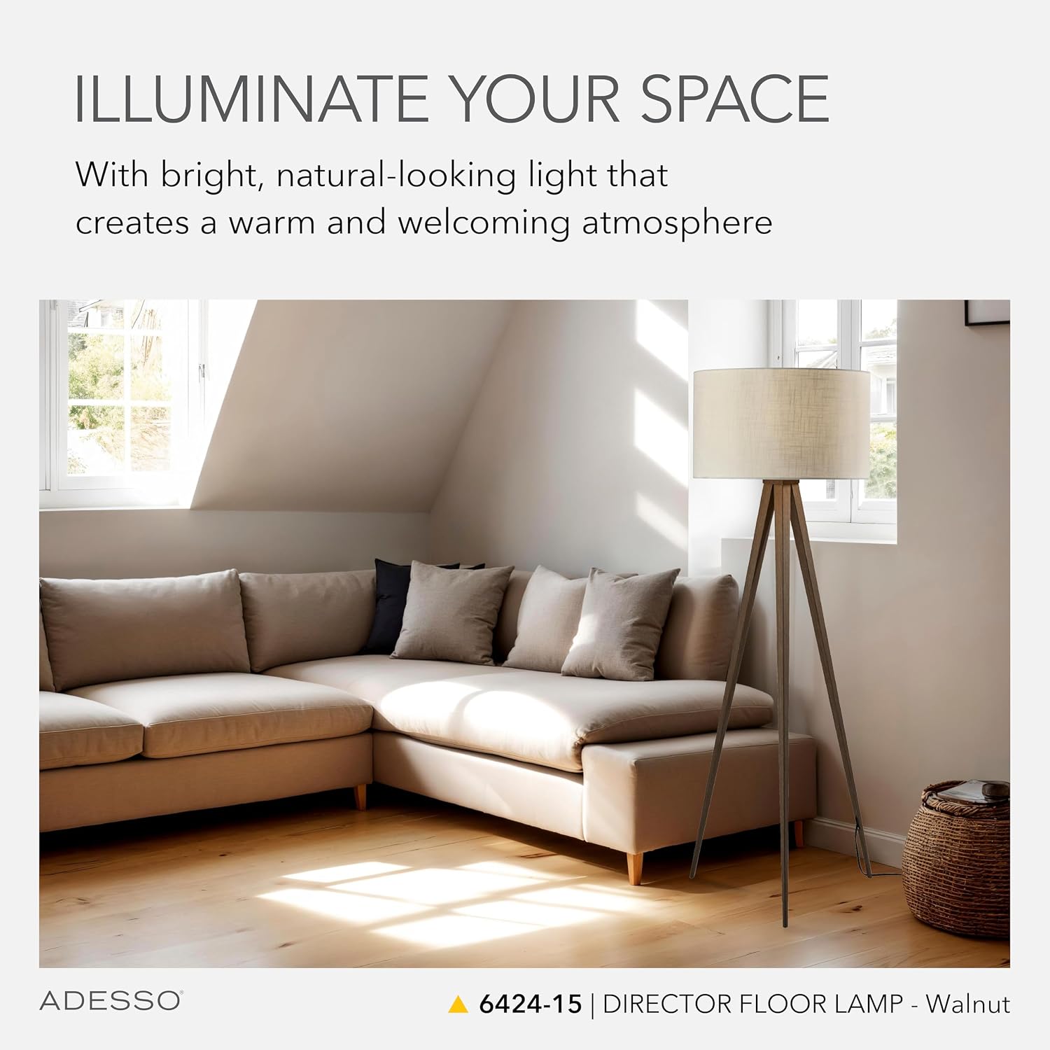 Adesso Floor Lamp with Walnut Rosewood Veneer and Beige Fabric Lampshade – 3-Way Adjustable Brightness, Lamp for Bedroom, Living Room, and House Décor, 60.25' x 21'