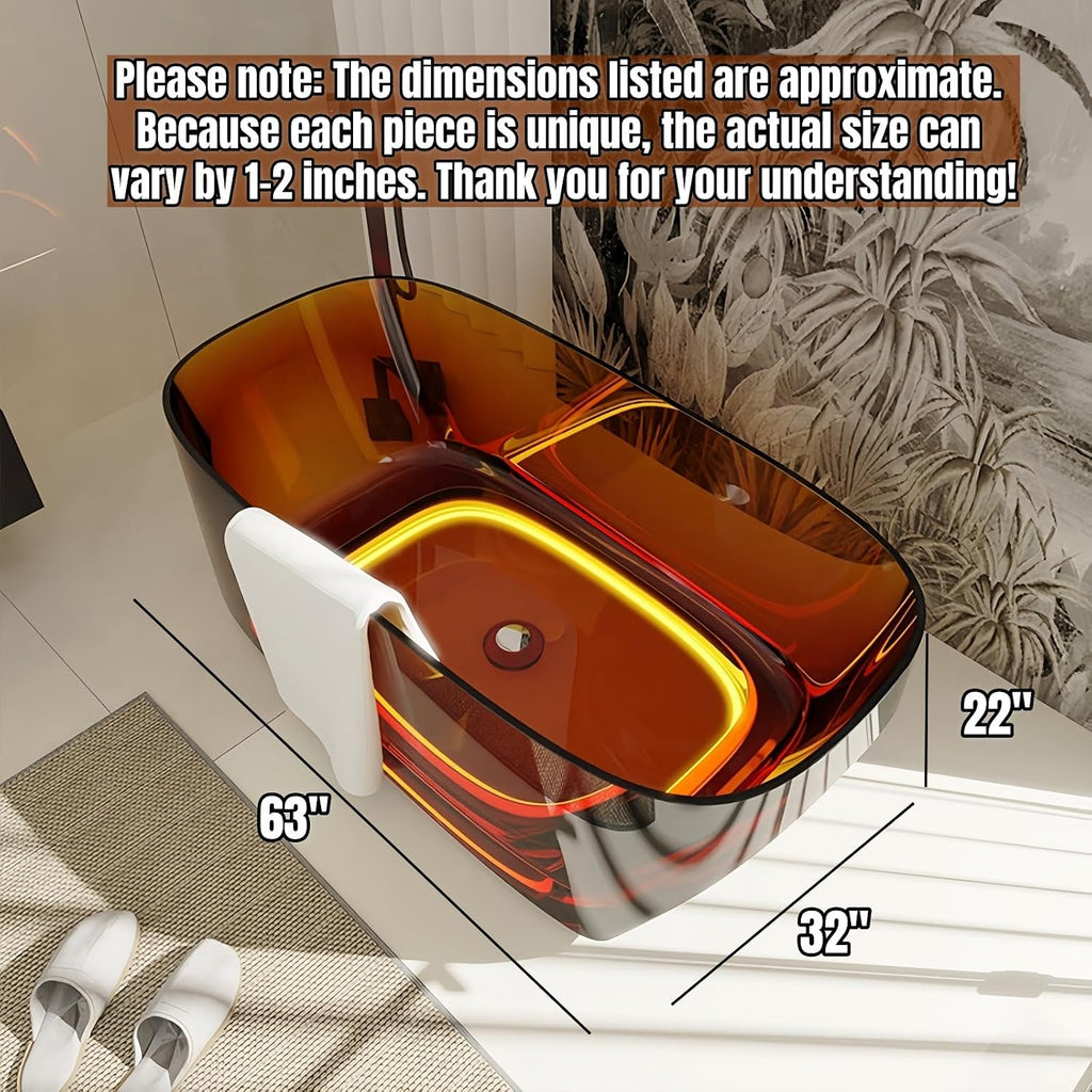63' Edeyeu Transparent Freestanding Bathtub – Solid Surface Bathtub Soaking Tub With Ambient Light, Deep Resin Design And Ergonomic Backrest For Modern Bathroom Luxury With Drain Gray