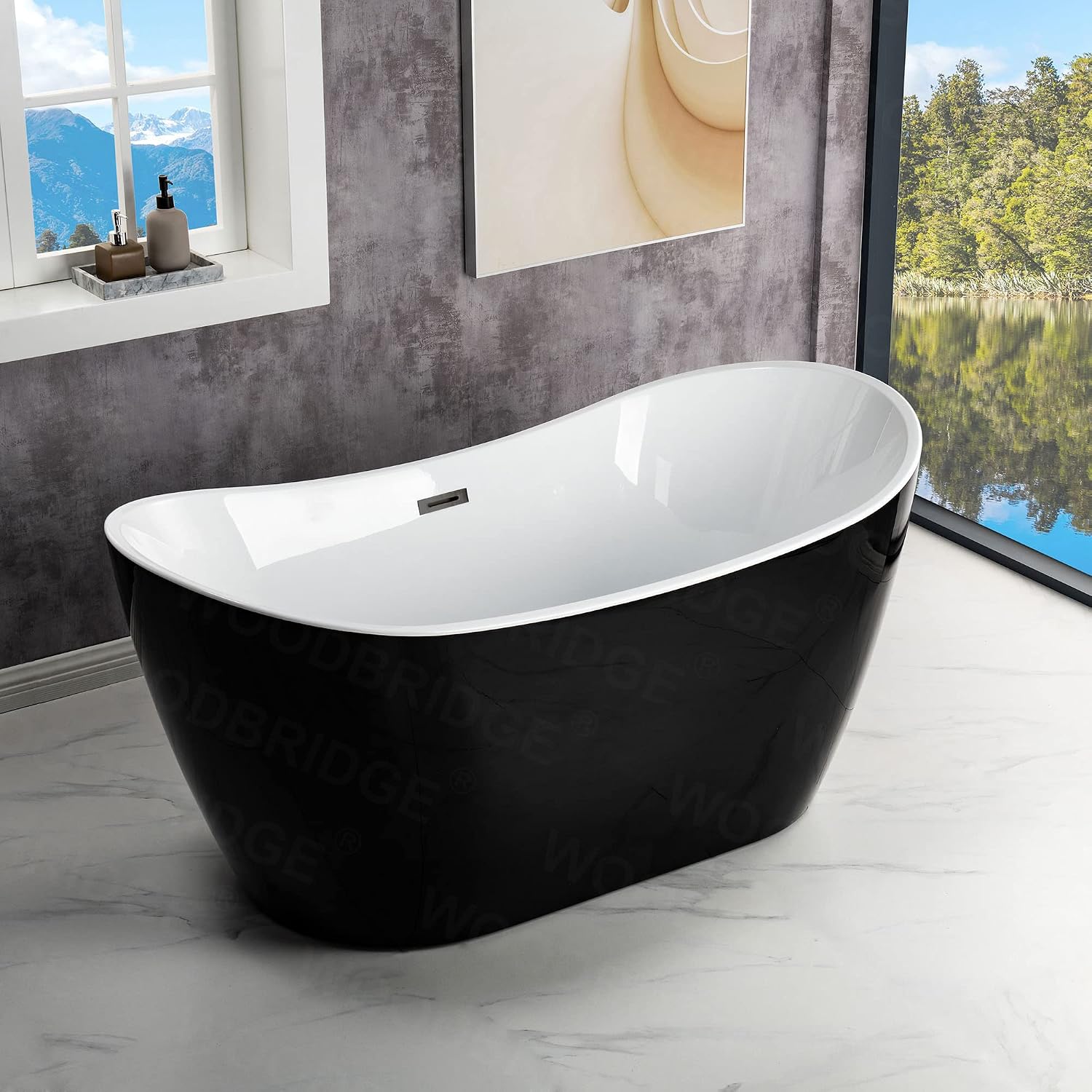 WOODBRIDGE 59' Acrylic Freestanding Bathtub Contemporary Soaking Tub, Black Acrylic(Matte Black Drain/Overflow),BTA1816-MB