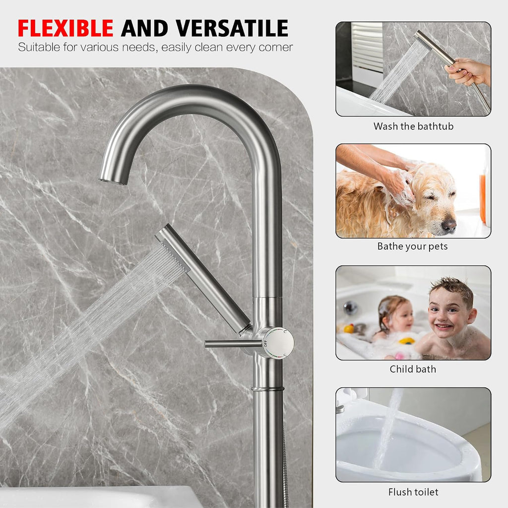 sumerain Bathroom Freestanding Bathtub Faucet Brushed Nickel, Modern Floor Mount Tub Faucet, High Flow with Hand Shower