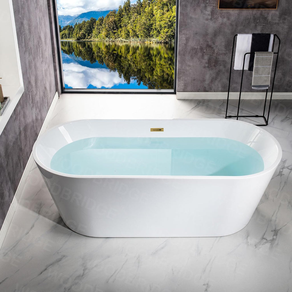 WOODBRIDGE 71' Acrylic Freestanding Bathtub Contemporary Soaking White Tub with Brushed Gold Overflow and Drain,B1701-BG