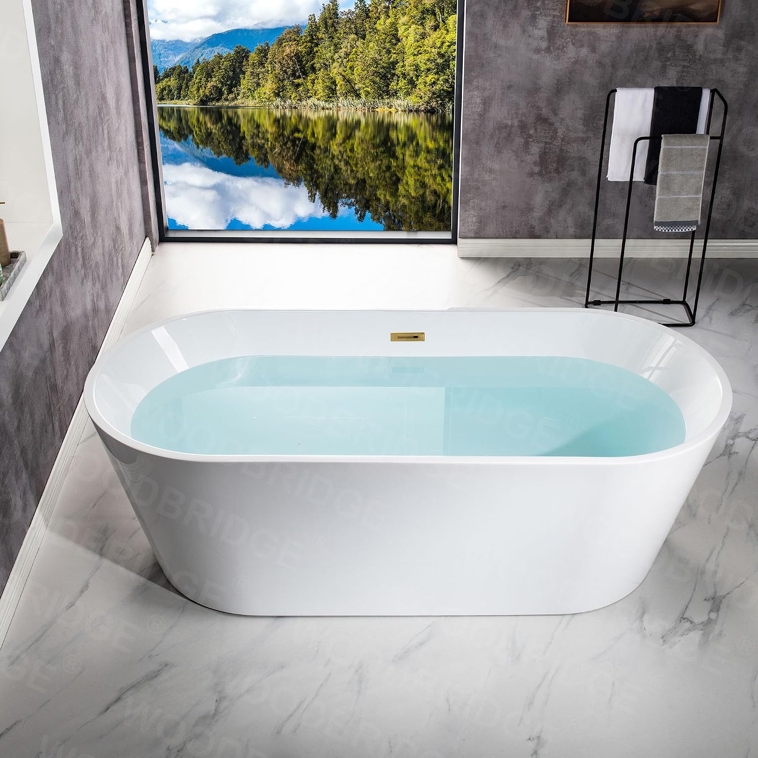 WOODBRIDGE 71' Acrylic Freestanding Bathtub Contemporary Soaking White Tub with Brushed Gold Overflow and Drain,B1701-BG