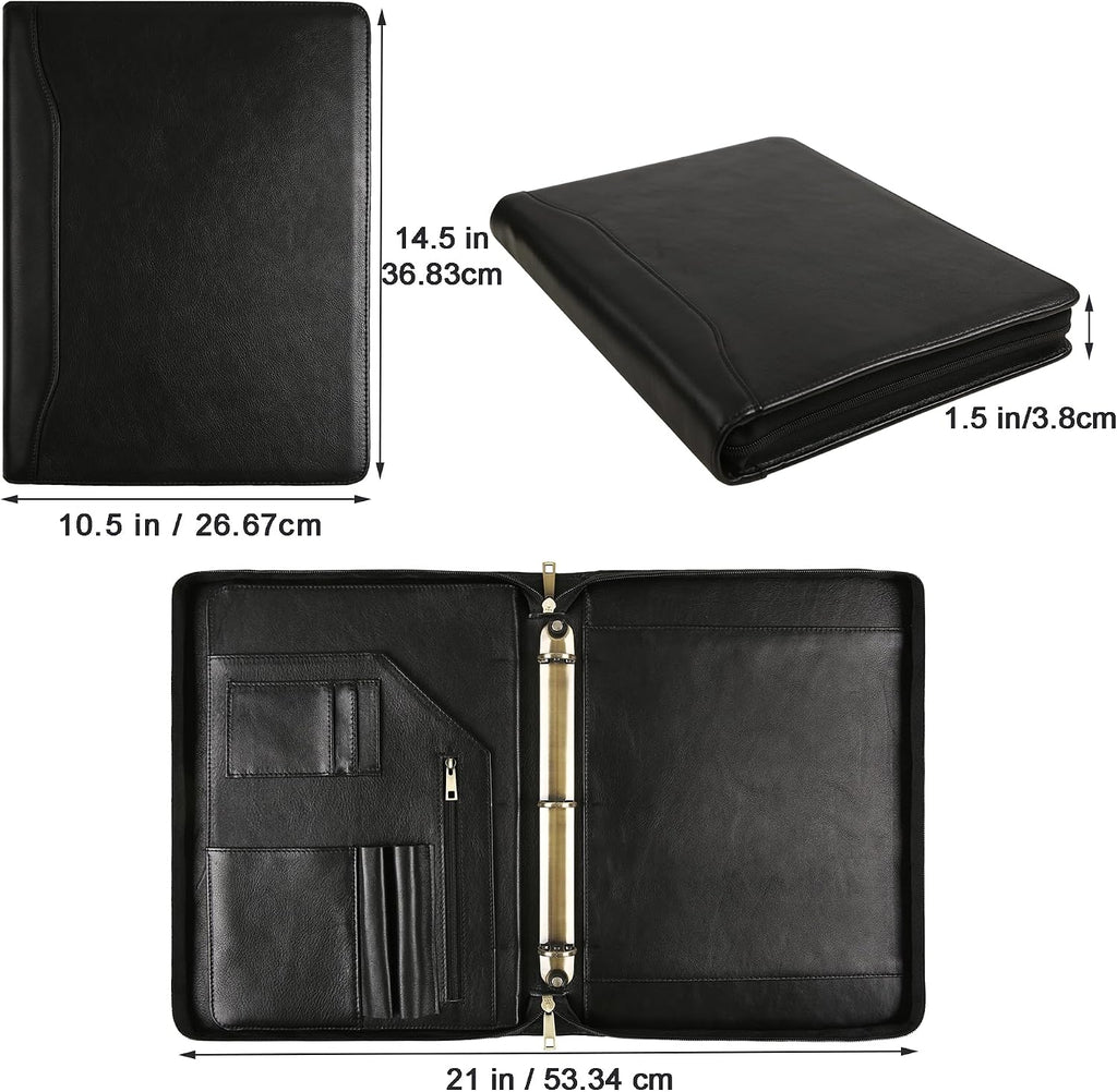 Leather Binder 3 Ring, Oil Tanned Portfolio with Notepad, Zippered Padfolio for Lawyer, Business Gift for Men/Women (Black, Non-Custom)