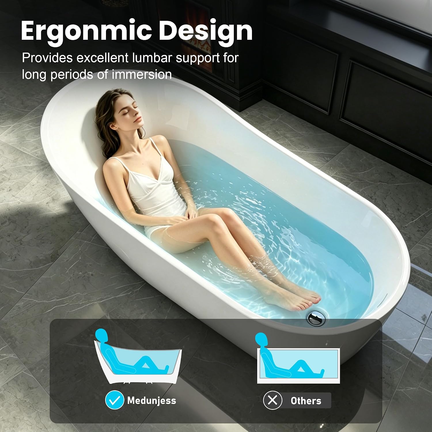 67' Acrylic Free Standing Tub, High-Back Freestanding Bathtub, Soaking Tub with Overflow and Drain, Gloss White