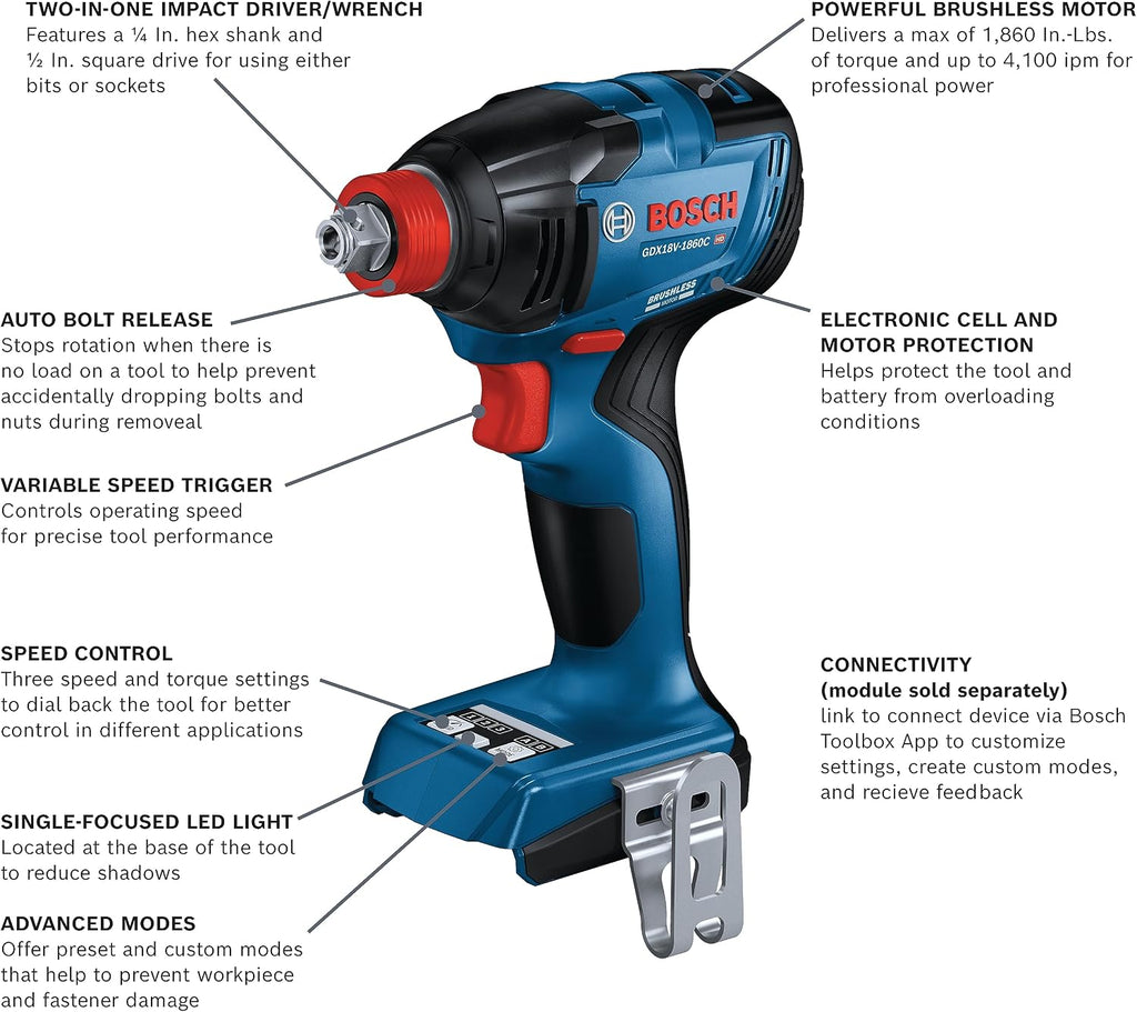 Bosch GDX18V-1860CN 18V Connected-Ready Two-In-One 1/4 In. and 1/2 In. Bit/Socket Impact Driver/Wrench (Bare Tool)