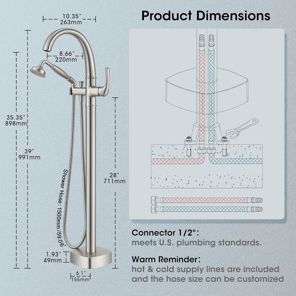Free Standing Tub Faucet, Jabbol Luxury Freestanding Bathtub Faucet with Sprayer, Brass Bathroom Floor Mount Tub Filler, Brushed Nickel (JB-8811BN)
