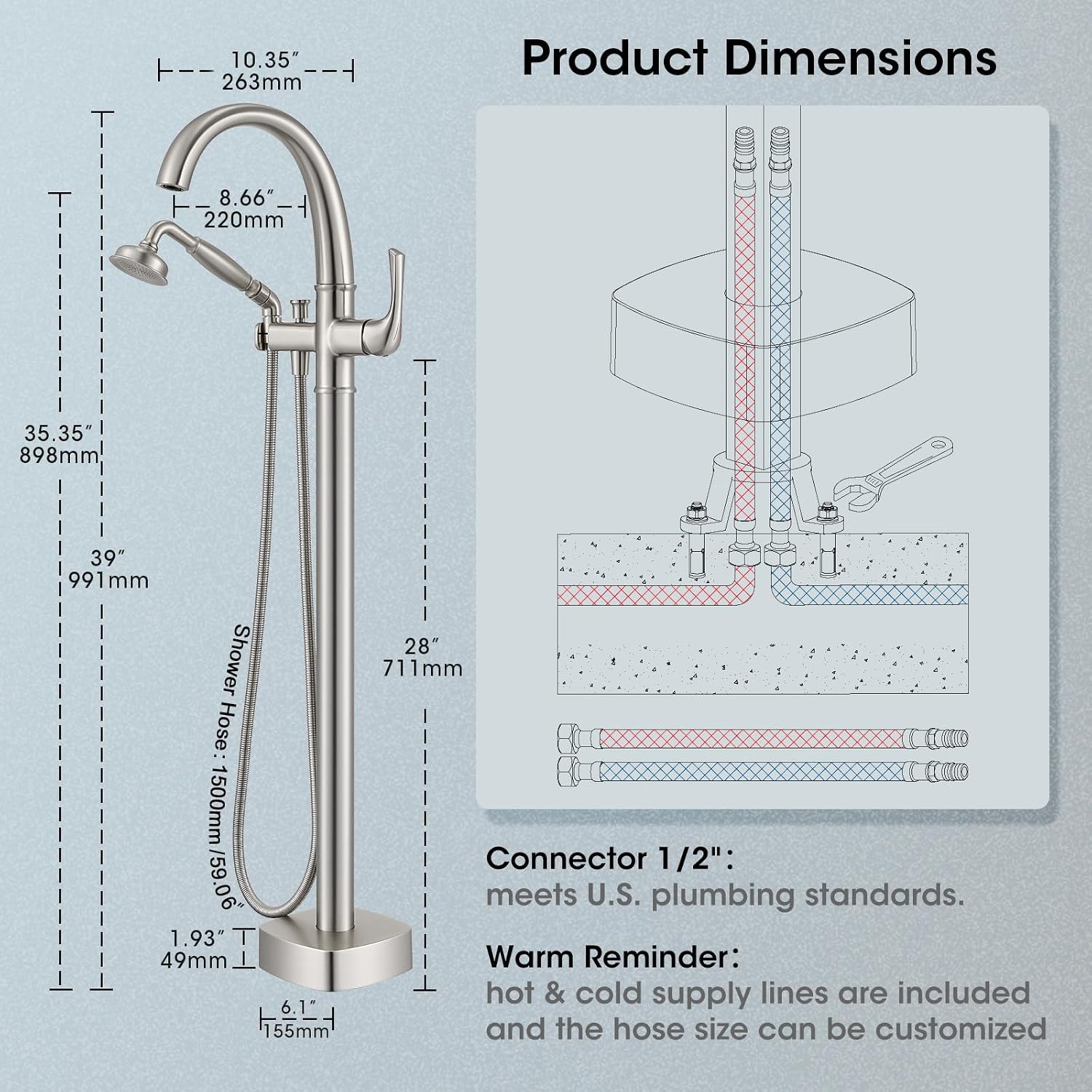 Free Standing Tub Faucet, Jabbol Luxury Freestanding Bathtub Faucet with Sprayer, Brass Bathroom Floor Mount Tub Filler, Brushed Nickel (JB-8811BN)