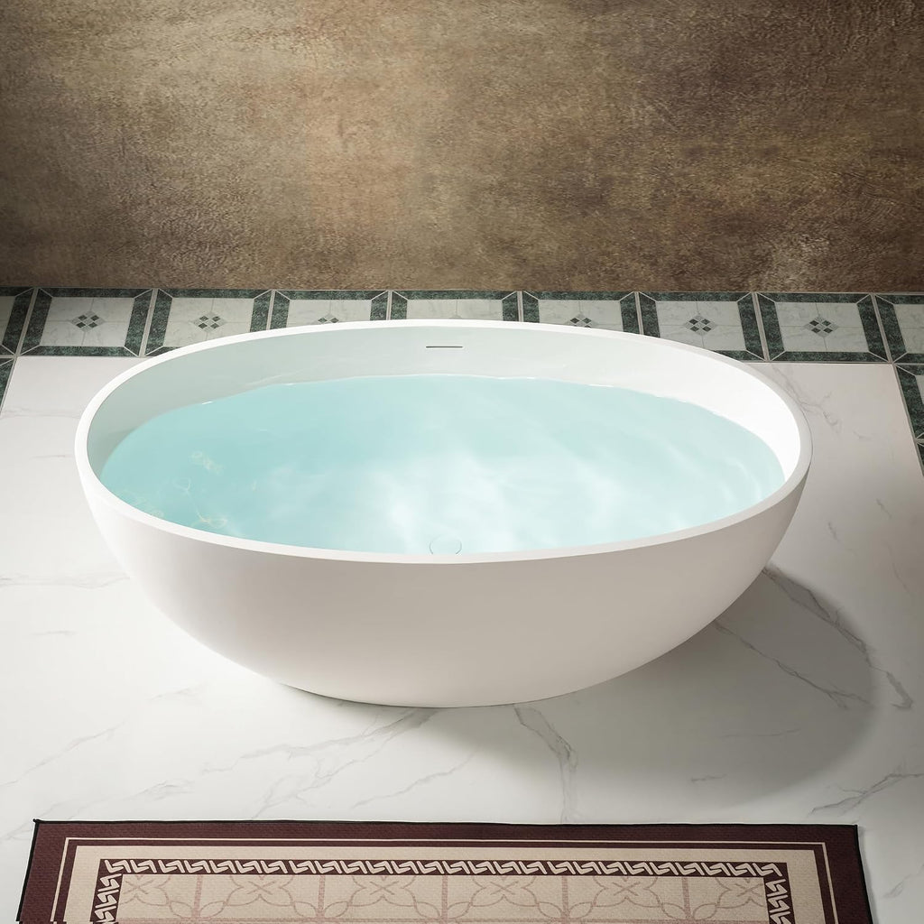WOODBRIDGE 55 Stone Resin Freestanding Soaking Tub, Modern Oval Solid Surface Bathtub with Integrated Slotted Overflow & Drain, Matte White, B0043
