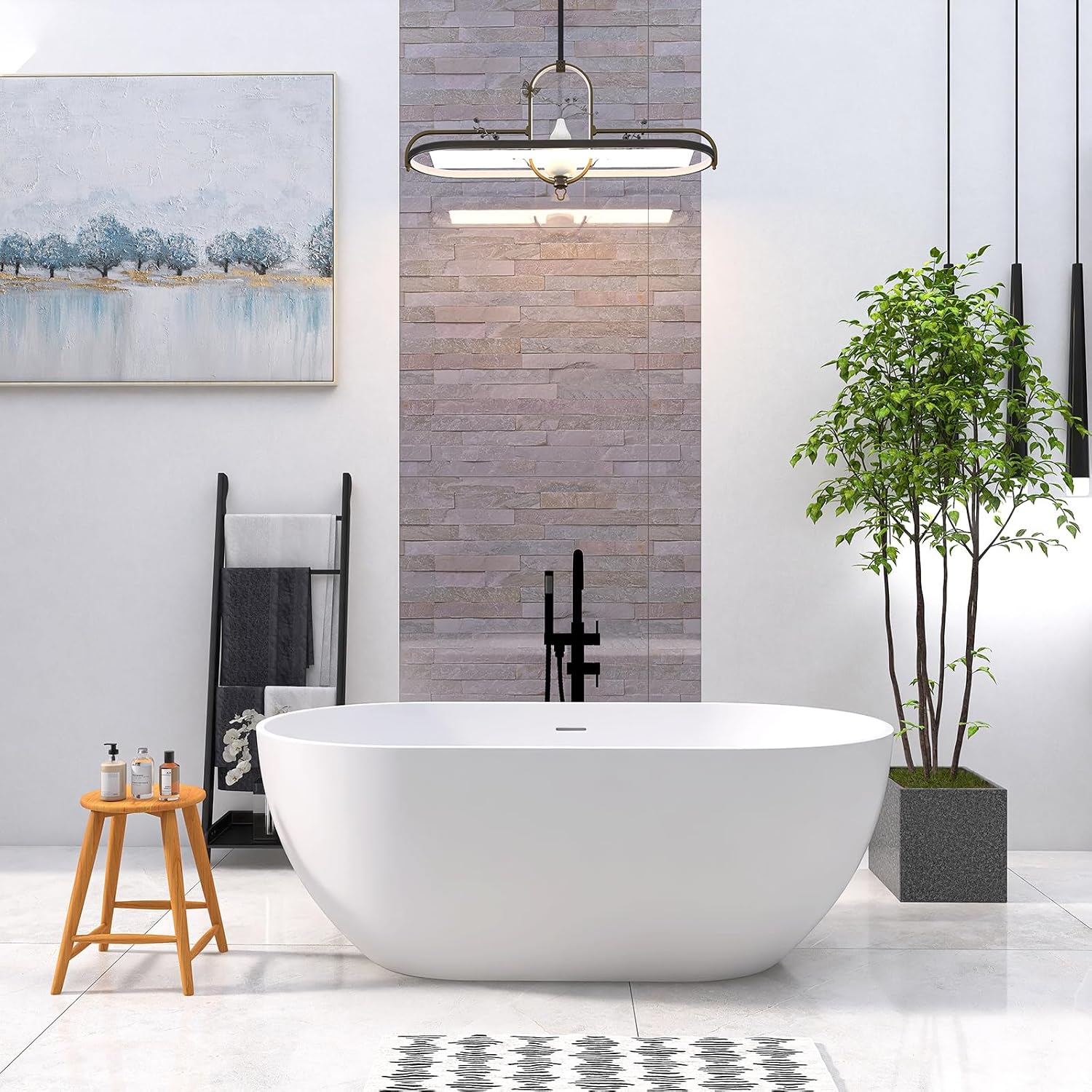 59'' Free Standing Tub, Stone Resin Freestanding Bathtub, Bathroom Soaking Tub Soaker Tubs Oval Shaped, Luxury Modern Freestanding Tubs with Overflow and Pop-up Drain - White