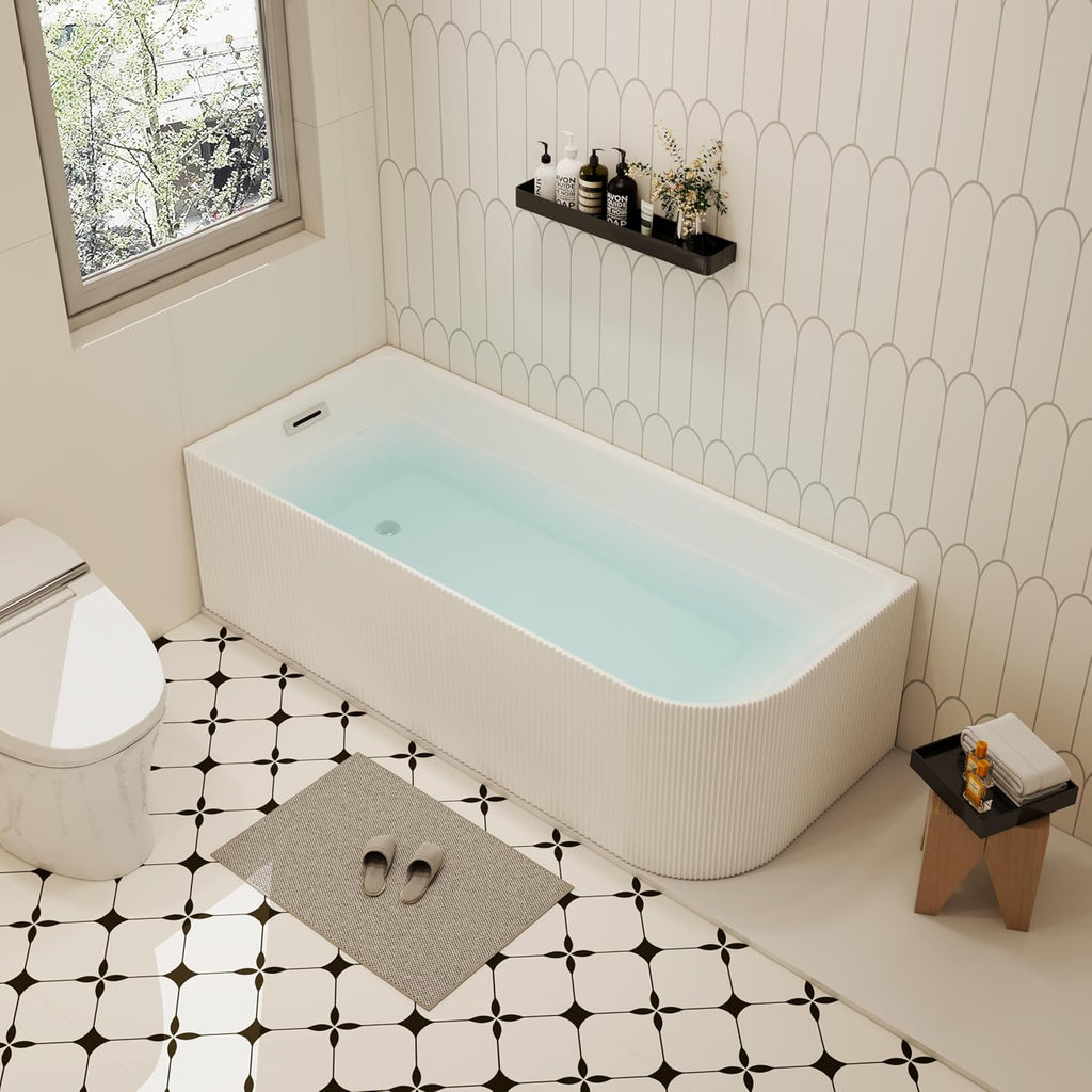 67 inch Corner Wave Style Left Drain Freestanding Soaking Bathtub, Modern Stand Alone Free Standing Acrylic Tub with Left Hand Drain & Overflow, Glossy White