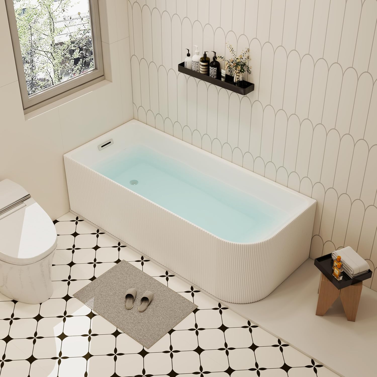 67 inch Corner Wave Style Left Drain Freestanding Soaking Bathtub, Modern Stand Alone Free Standing Acrylic Tub with Left Hand Drain & Overflow, Glossy White