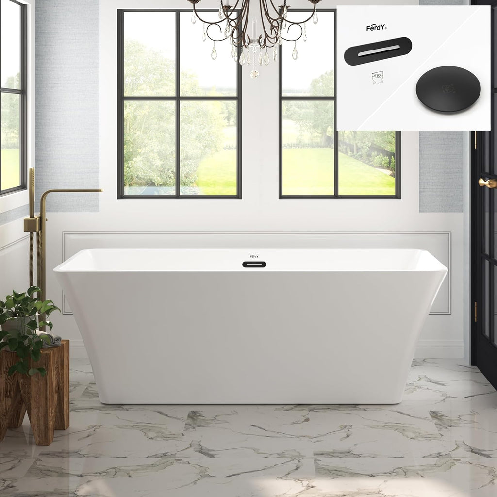 FerdY Sentosa 67' Acrylic Freestanding Bathtub, Contemporary Design Soaking Tub with Matte Black Drain& Bath Pillow for Bathtub,Thick Tub Pillows, Ergonomic Support