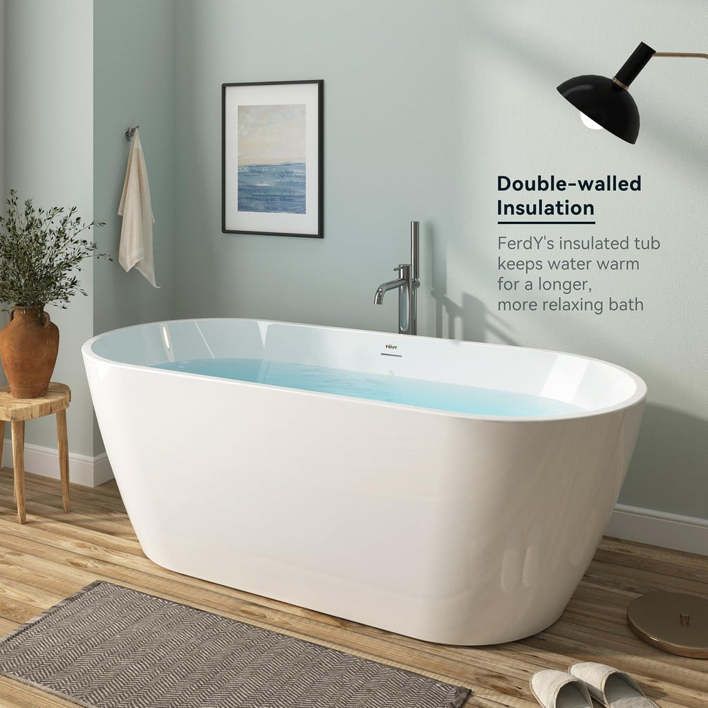 FerdY 67' Bali Acrylic Freestanding Bathtub, Gracefully Shaped Freestanding Soaking Bathtub, cUPC Certified, Toe-Tap Brushed Nickel Drain& Bath Pillow for Bathtub,Thick Tub Pillows, Ergonomic Support
