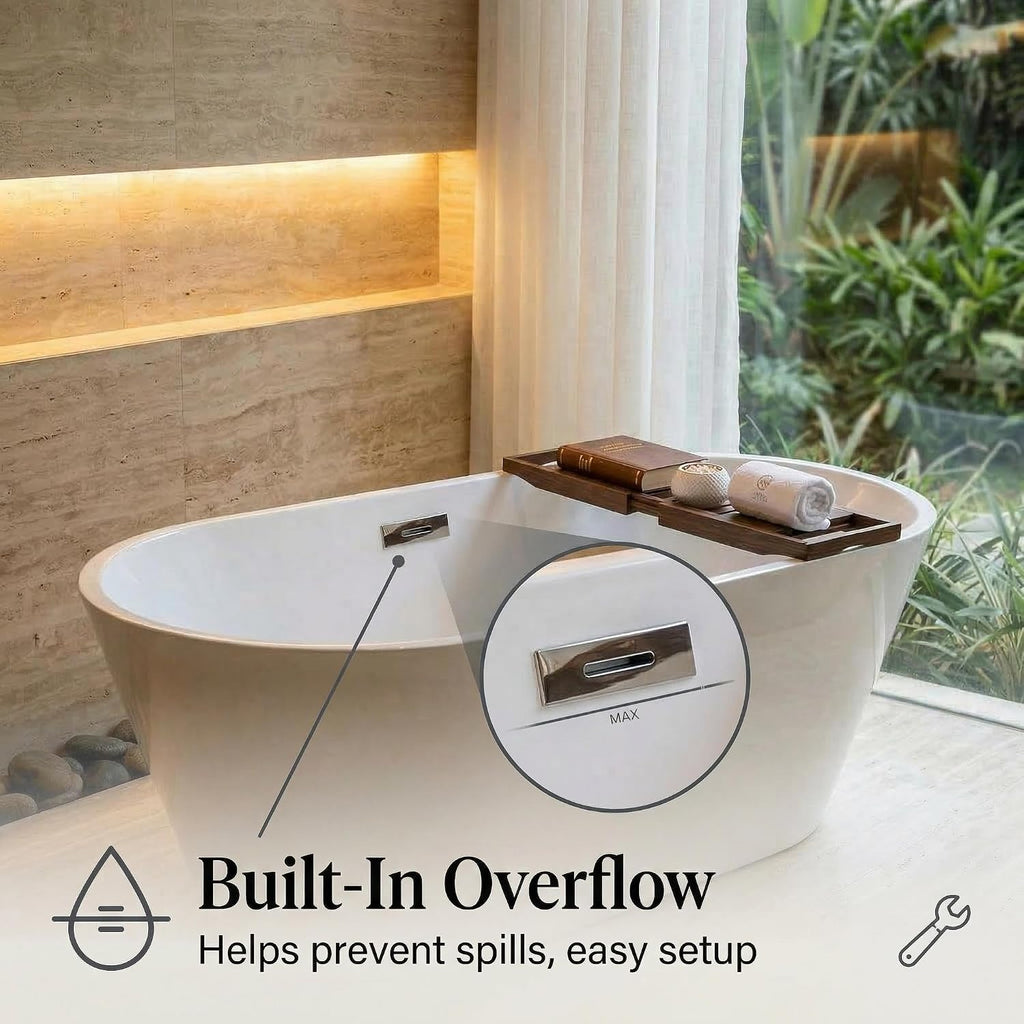 67' Free Standing Tub, Acrylic Soaking Bathtub, Stand Alone Freestanding Tub with Matte Sliver Drain and Overflow, Contemporary Bathtub for Bathroom, Burnish White