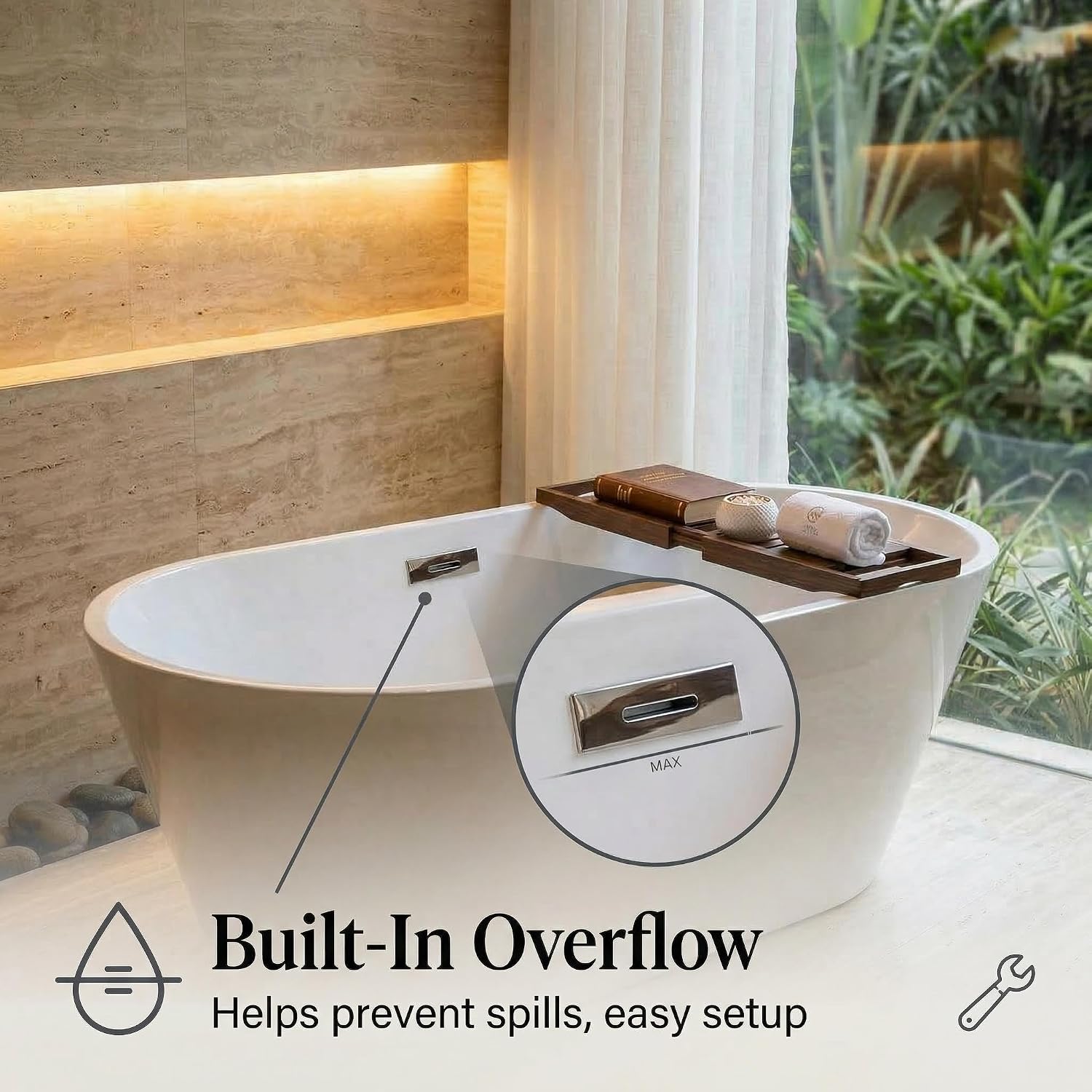 67' Free Standing Tub, Acrylic Soaking Bathtub, Stand Alone Freestanding Tub with Matte Sliver Drain and Overflow, Contemporary Bathtub for Bathroom, Burnish White