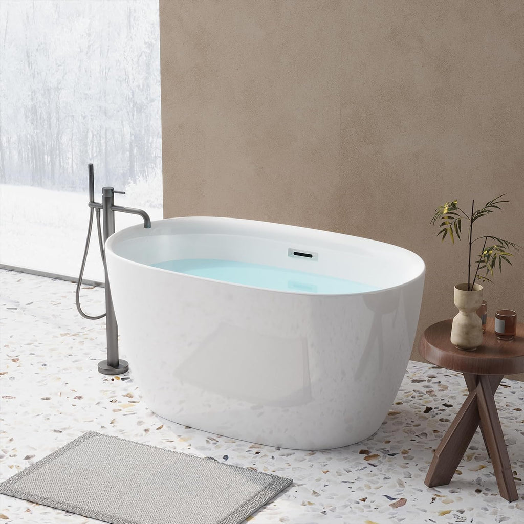 47' Acrylic Freestanding Bathtubs, Oval Shaped Soaking Tub, Stand Alone Tubs with Pop-UP Chrome Drain for Small Bathroom, Slotted Overflow, cUPC Certified -Gloss White