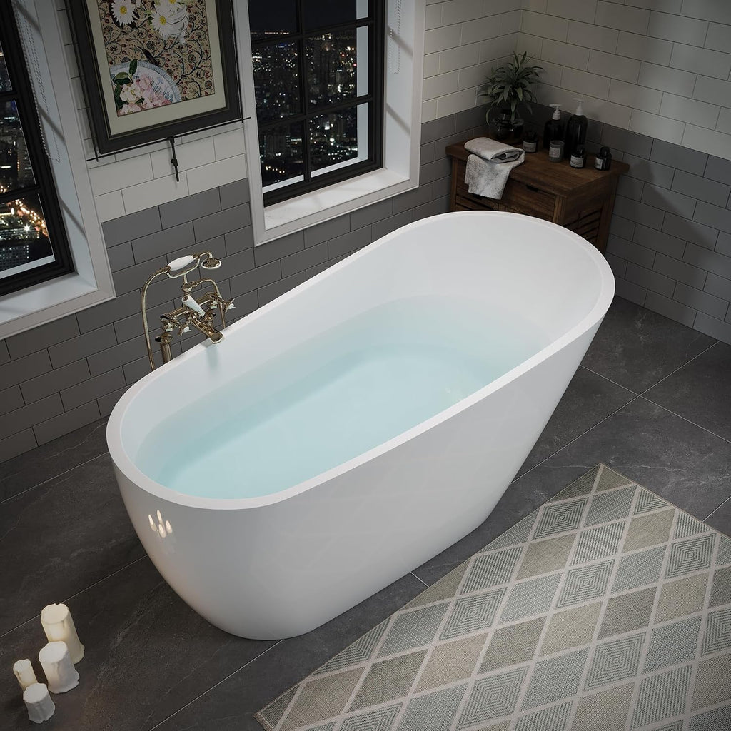 60' Acrylic Freestanding Bathtub, Deep Soaking Bathtub with Pop up Drain Integrated Overflow, Stand Alone Bath Tub for Bathroom Spa or Home Upgrade, Glossy White TH 26A04 60