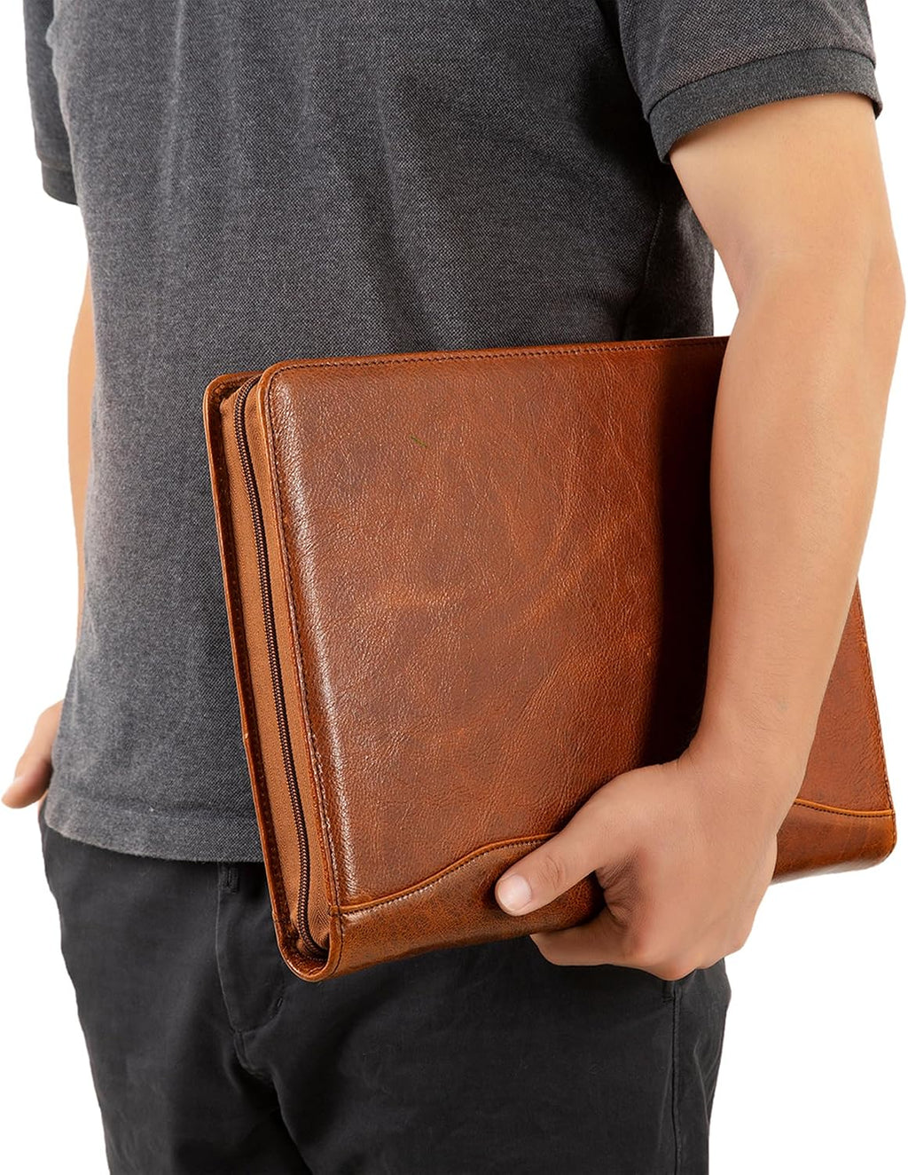 Leather Binder 3-Ring, Oil-Tanned Portfolio with Notepad, Engraved Padfolio Personalized for iPad/Laptop, Business Gift for Men/Women (Brown, Non-Custom)