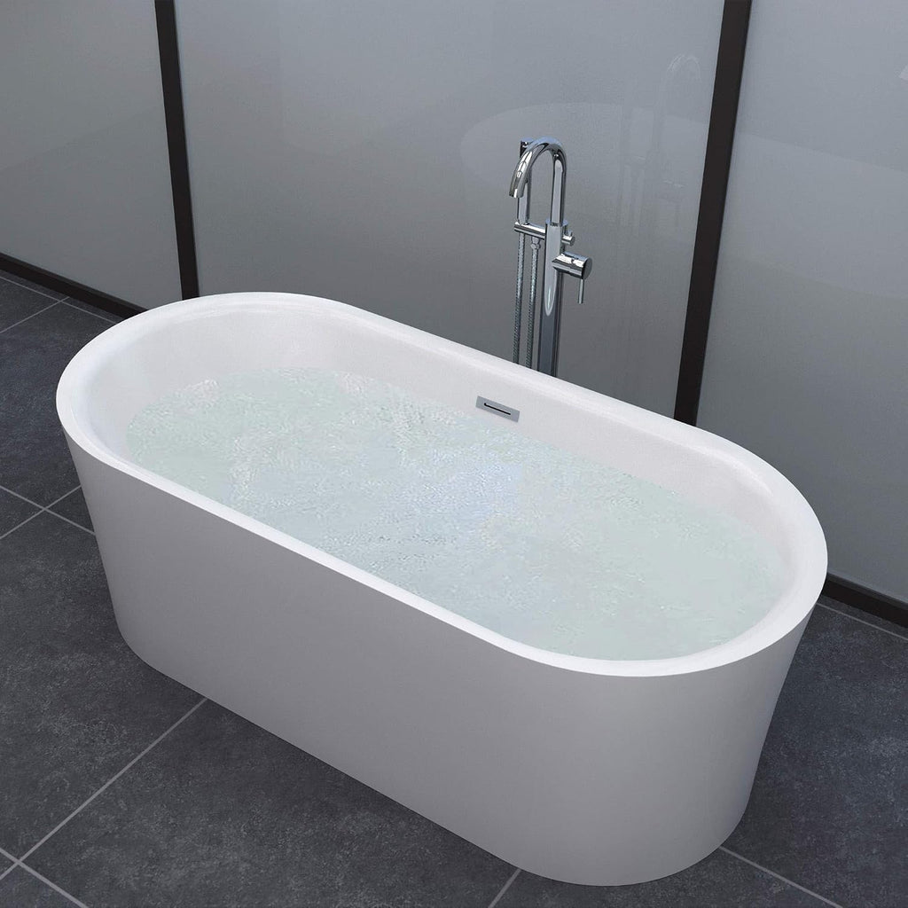 WOODBRIDGE 59' Acrylic Freestanding Bathtub Contemporary Soaking White Tub with Brushed Gold Overflow and Drain，B0102 -BG-Drain &O