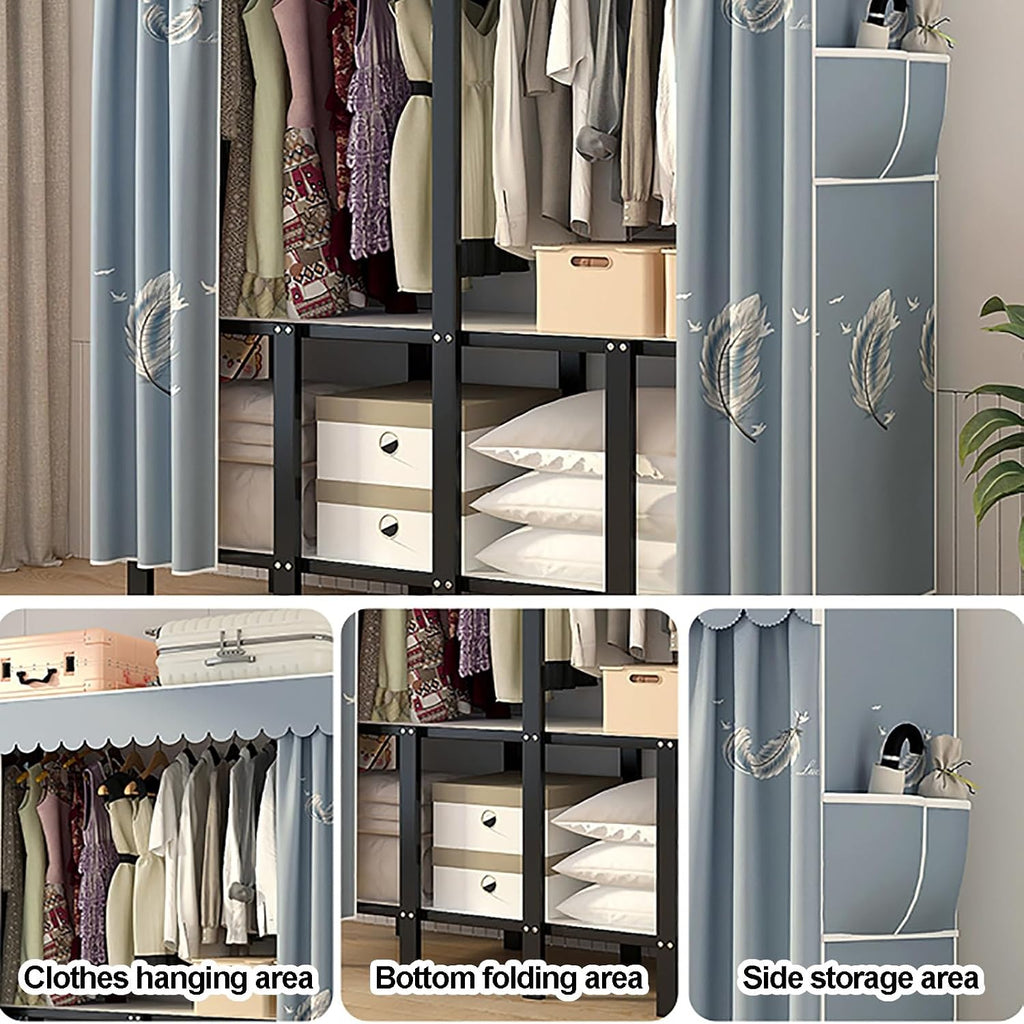 Portable Closet Wardrobe With Hanging Rods, Metal Closet Rack For Hanging Clothes, Clothing Rack With Cover, Metal Garment Racks Organizer For Bedroom(White1,110cm/43.3inch)