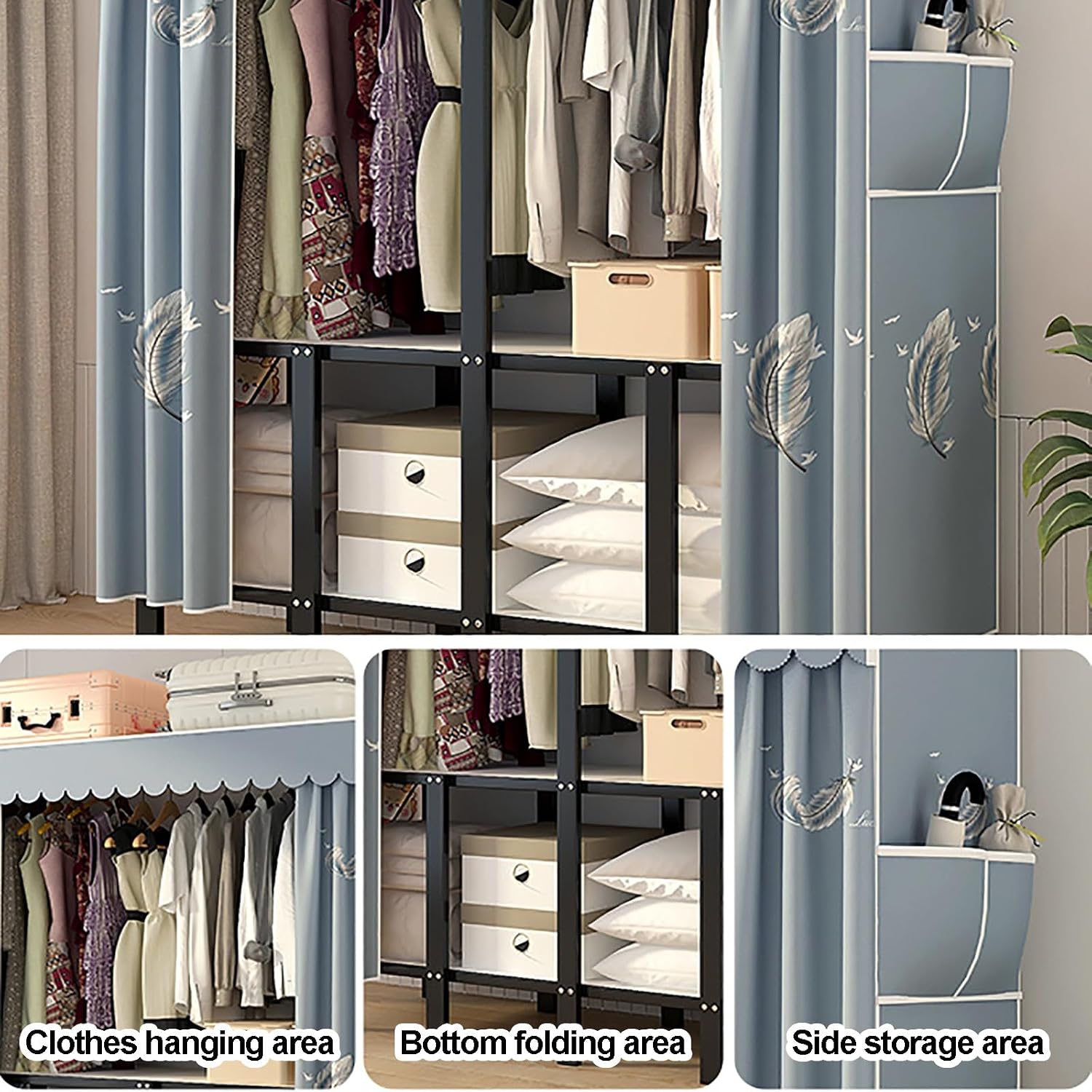 Portable Closet Wardrobe With Hanging Rods, Metal Closet Rack For Hanging Clothes, Clothing Rack With Cover, Metal Garment Racks Organizer For Bedroom(White1,110cm/43.3inch)