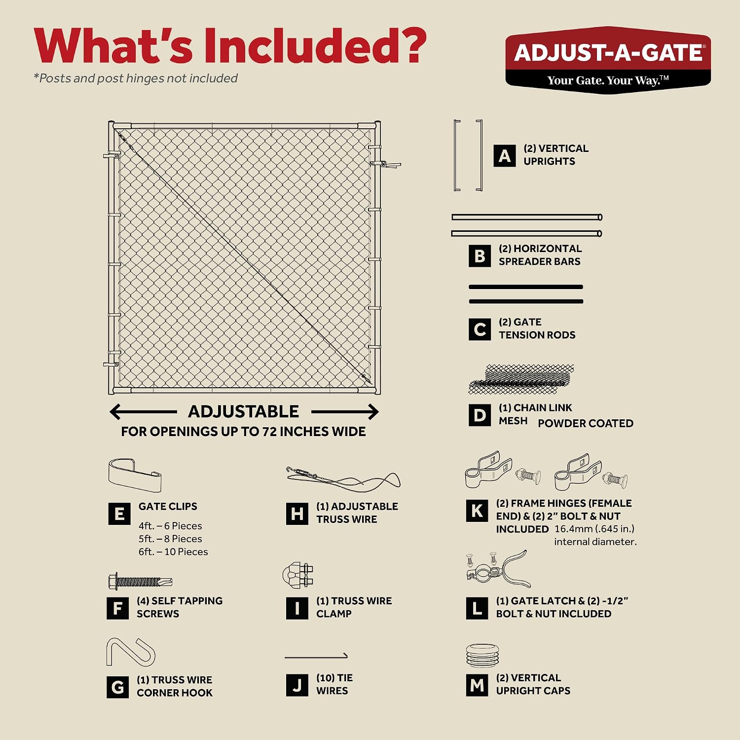 Adjust-A-Gate Adjustable Chain Link Square Corner Complete Gate Kit, Fit-Right, Black, 6'H