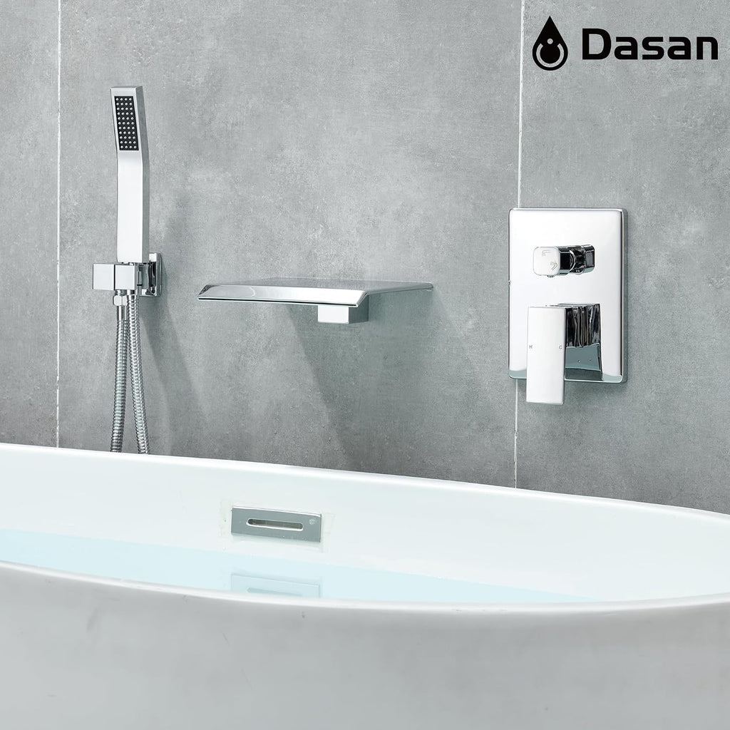 Upgraded Wall Mount Tub Filler Faucet with Handheld Shower, DASAN Modern Wall Mounted Bathtub Faucet Chrome High Flow Waterfall Tub Faucet with Rough in Valve, SA-TF04WH-PC