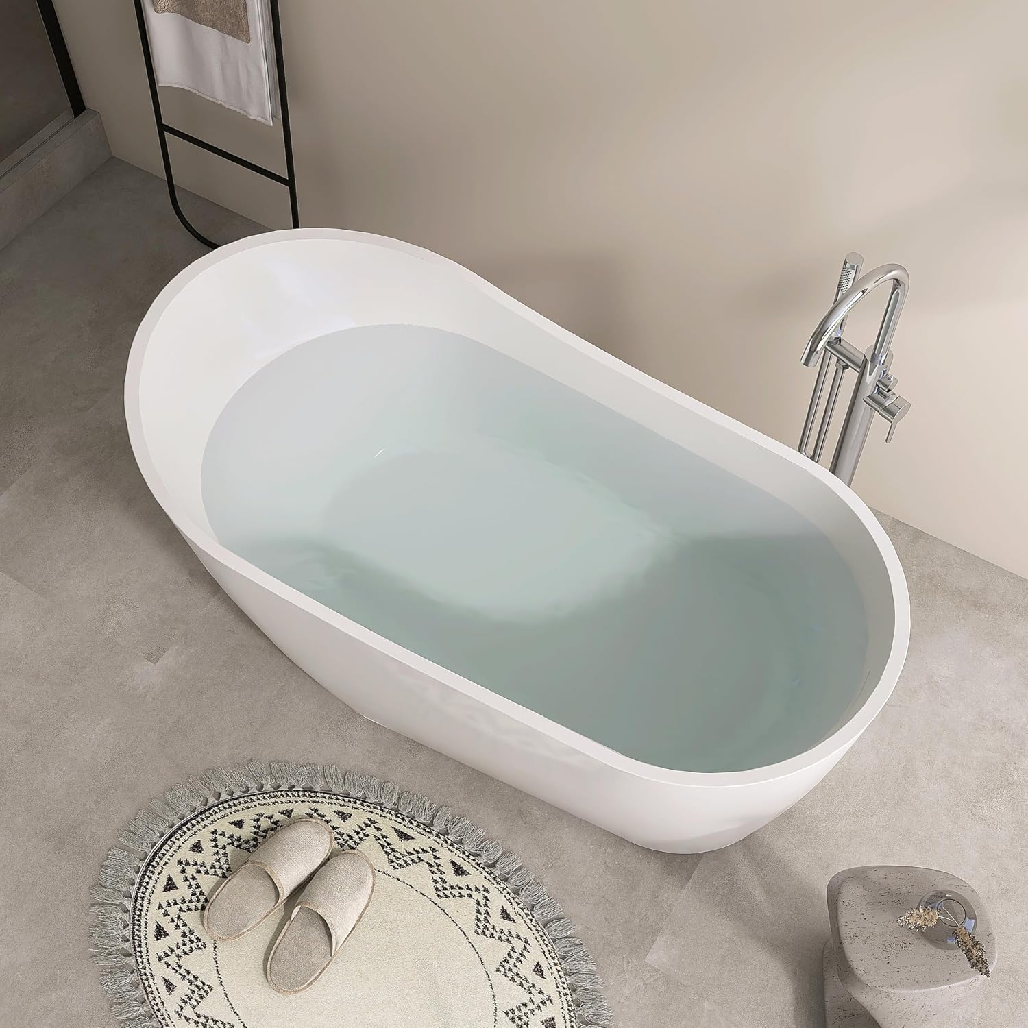 SJ STAR&JANE 59' Acrylic Freestanding Bathtub, Modern Acrylic Soaking Bathtub,Stand Alone Tub with Drain and Overflow, cUPC Certified, White