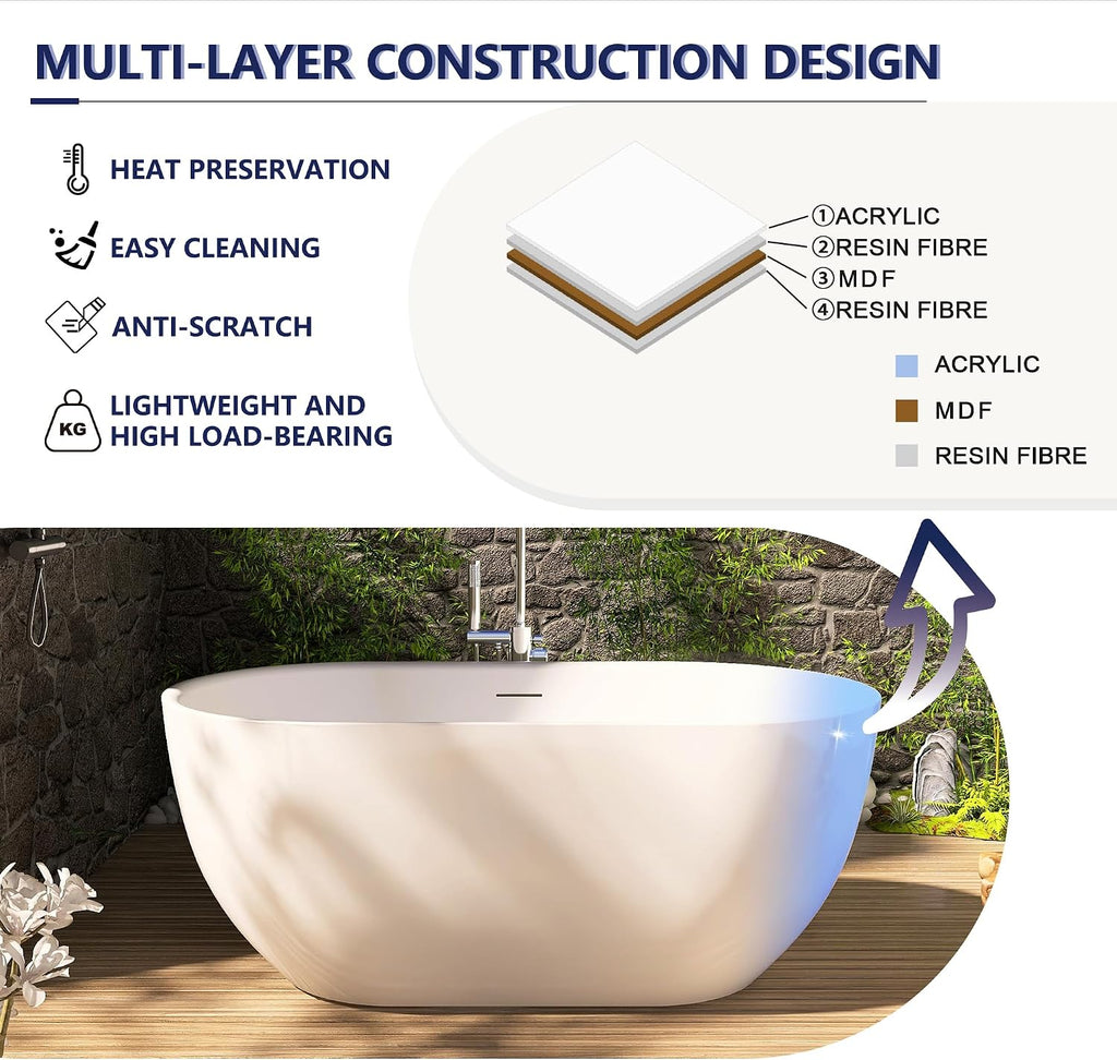 59' Acrylic Free Standing Tub, Stand Alone Tub, Freestanding Bathtub, Soaking Bathtub, cUPC Certified, SE(Glossy White)
