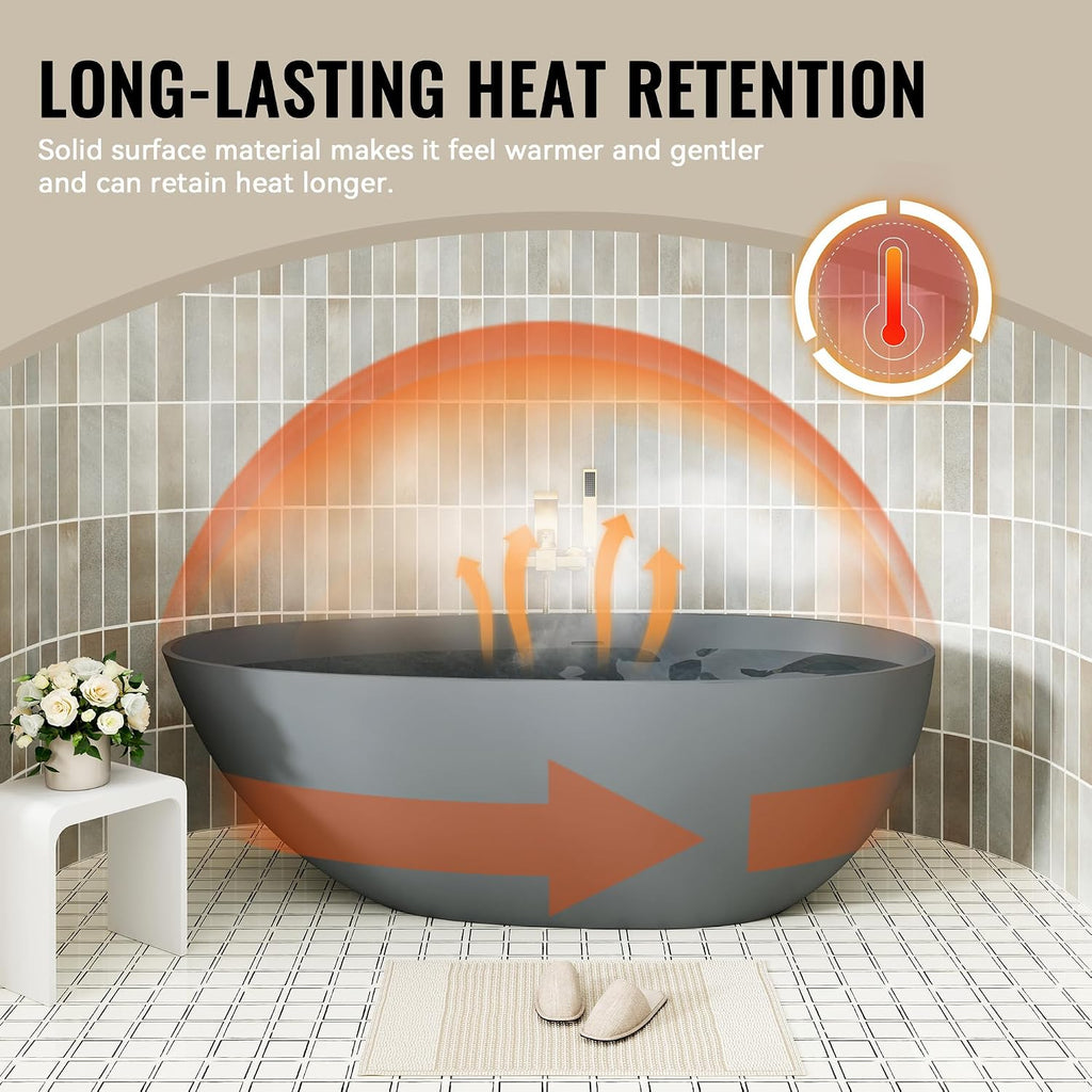 CASAINC 59' Solid Surface Freestanding Bathtub Egg-Shaped Stone Resin Freestanding Tub Matte Grey Stand-Alone Tub with Drain, Drain Hose & Sanding Paper