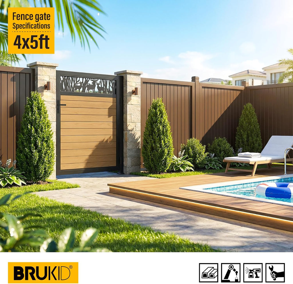 4x5 FT Aluminum Fence Gate Kit Wood Grain Aluminum Gate with Decorative Cutout, Lock & Hinges, Left/Right Opening, Weather Resistant for Yard Garden Patio