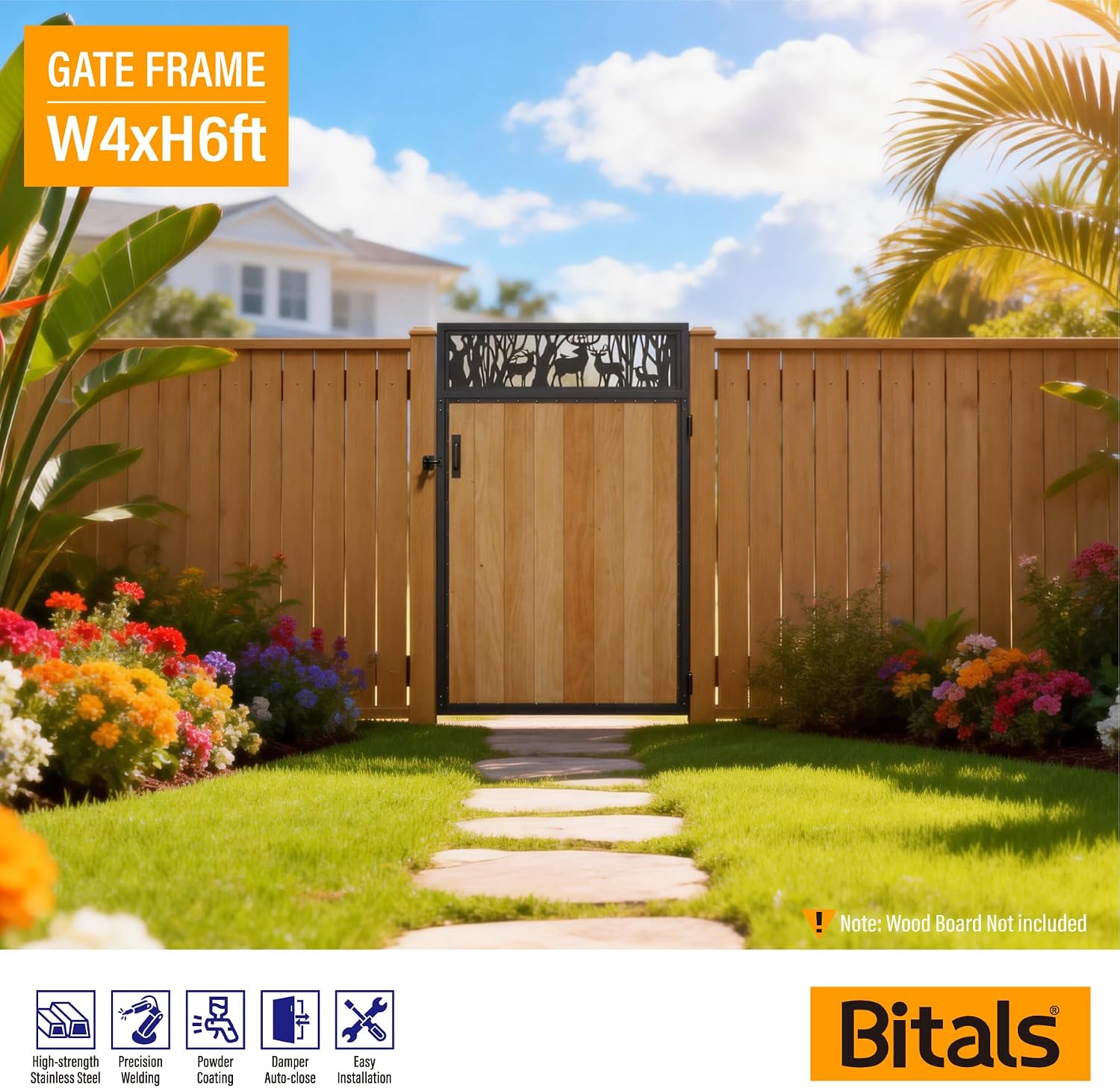 4x6FT Fence Gate Frame Kit 201 Stainless Steel Anti-Sag Heavy Duty Garden Gate Reinforcement Hardware, Left/Right Mount (No Panels Included)(46.78'W x 70.8'H)