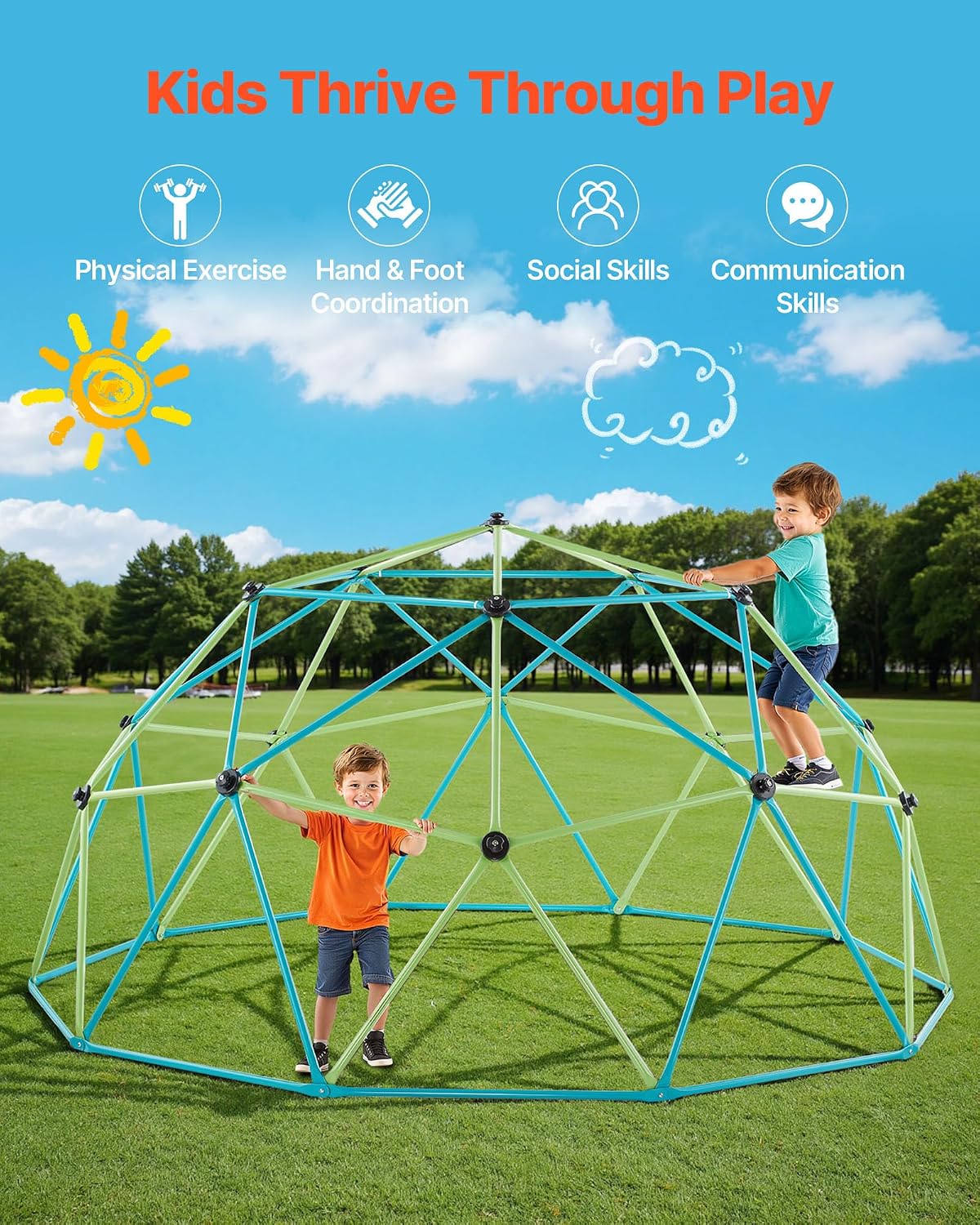 VEVOR Climbing Dome, 10FT Geometric Dome Climber for Kids, 1000LBS Loading Jungle Gym Playground with Octopus Net & 2 Basketballs, Easy-Assembly Outdoor Backyard Climbing Toys - Gift for Boys Girls