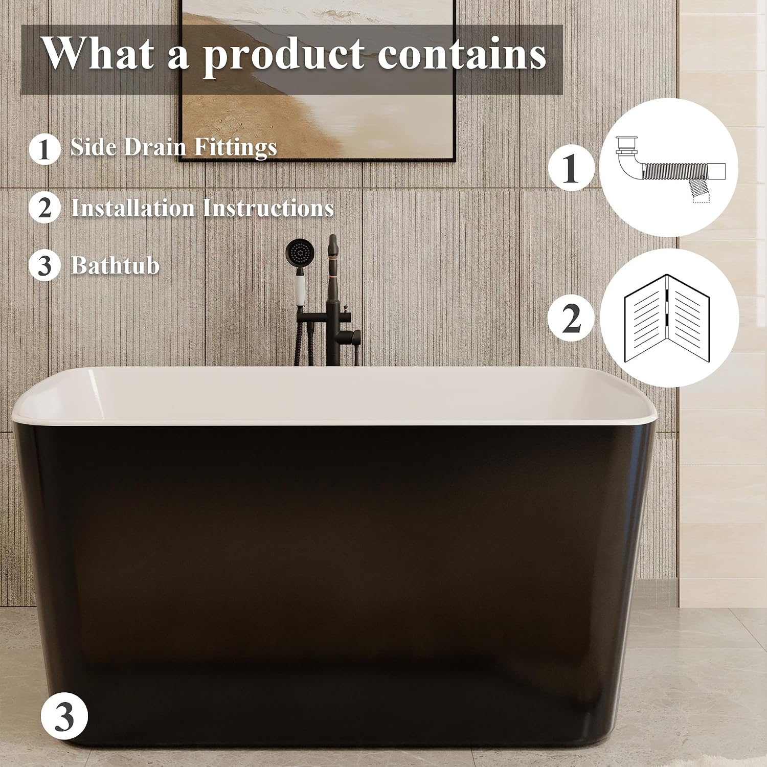 Casainc 49' Acrylic Freestanding Bathtubs, Square Shaped Japanese Soaking Tub with Seat Design, Chrome Drain & Overflow, cUPC Certified (Black)