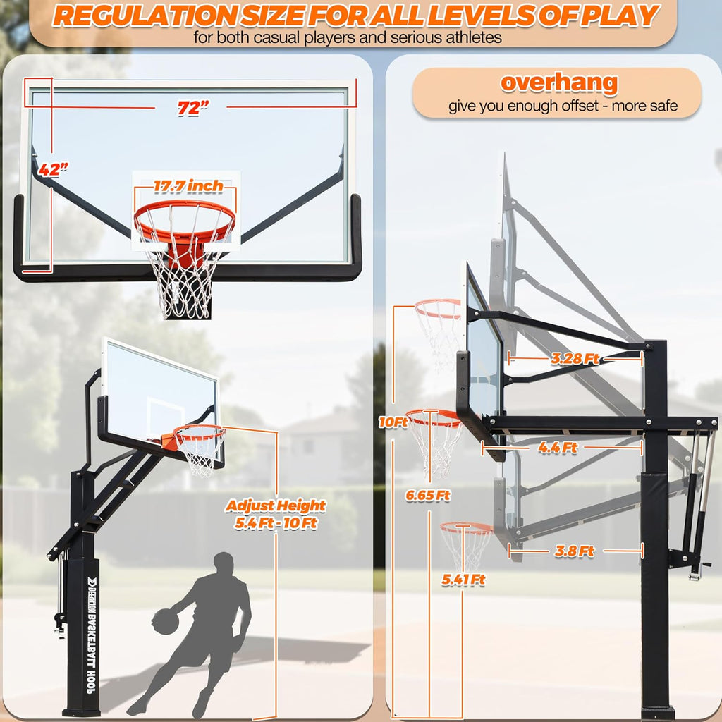 72 Inch Inground Basketball Hoop with Tempered Glass Backboard and 7.2 inch Square Pole Adjust Height from 5.4 Ft to 10 Ft with 3.8 Ft - 4.4 Ft Overhang for All Levels of Play