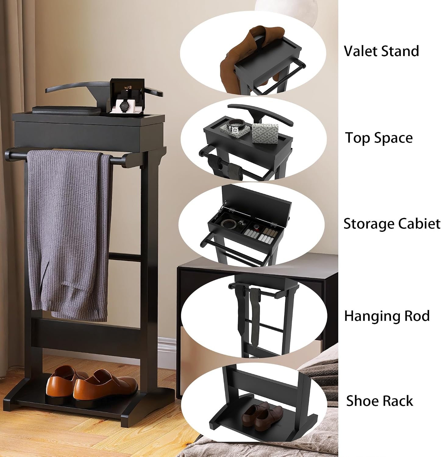Wooden Valet Stand for Men, Modern Mens Valet Stand with Tray Organizer, Shoe Shelf, Hanging Rod & Suit Rack, Freestanding Clothes Rack for Bedroom Entryway Office, Black