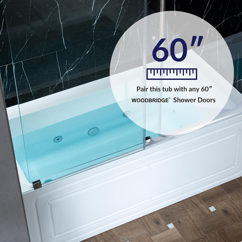 WOODBRIDGE 60' x 30' Alcove Acrylic Rectangular Whirlpool Heated Jetted Tub in White with Left Drain, Polished Chrome Finish, BS428-L-CH01