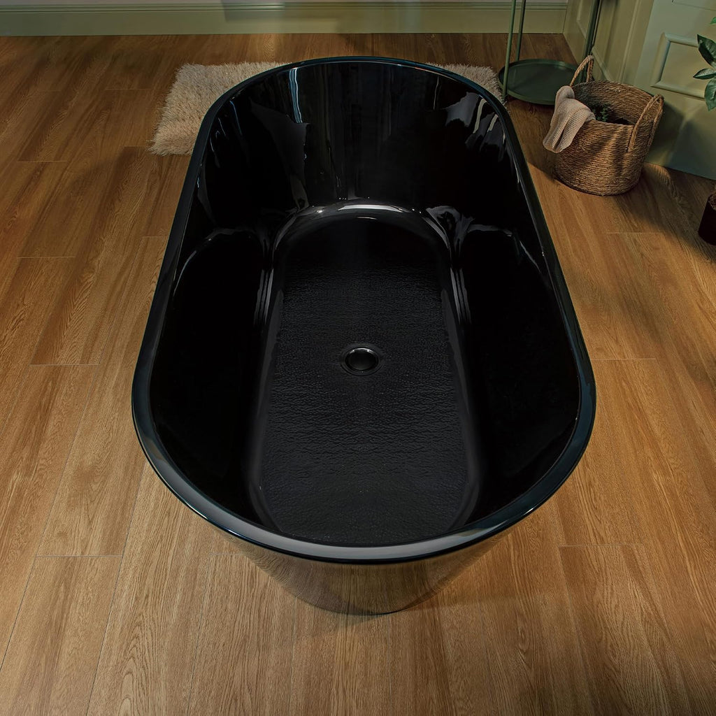 WOODBRIDGE 67' L x 31-1/2' W Freestanding Contemporary Acrylic Soaking Bathtub in Glossy Black Inside and Outside with Matte Black Drain & Overflow, Black, B8813-MB