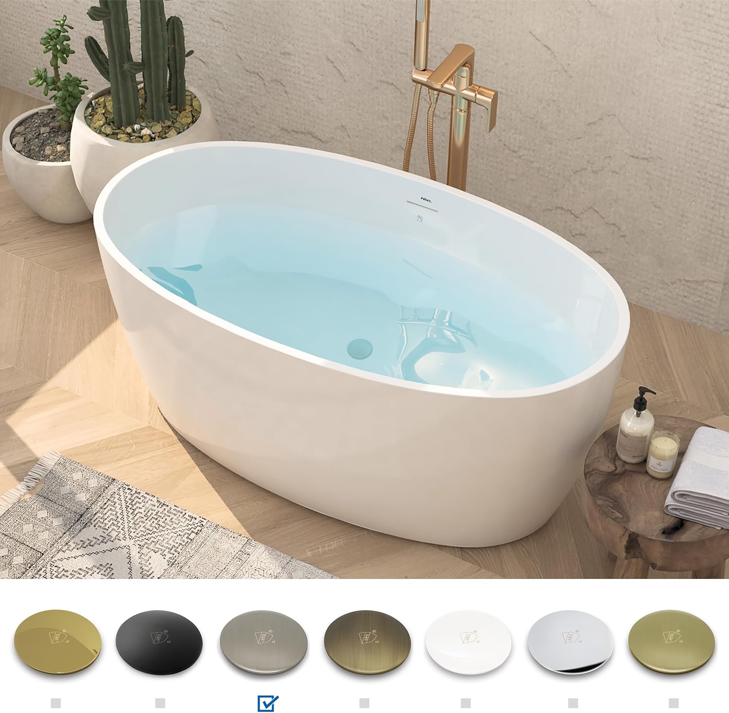 FerdY Tahiti 55' Acrylic Freestanding Bathtub with Headrest, Elegant Oval Shape Soaking Bathtub, Brushed Nickel Drain & Integrated Slotted Overflow Assembly Included cUPC Certified with Bath Pillow