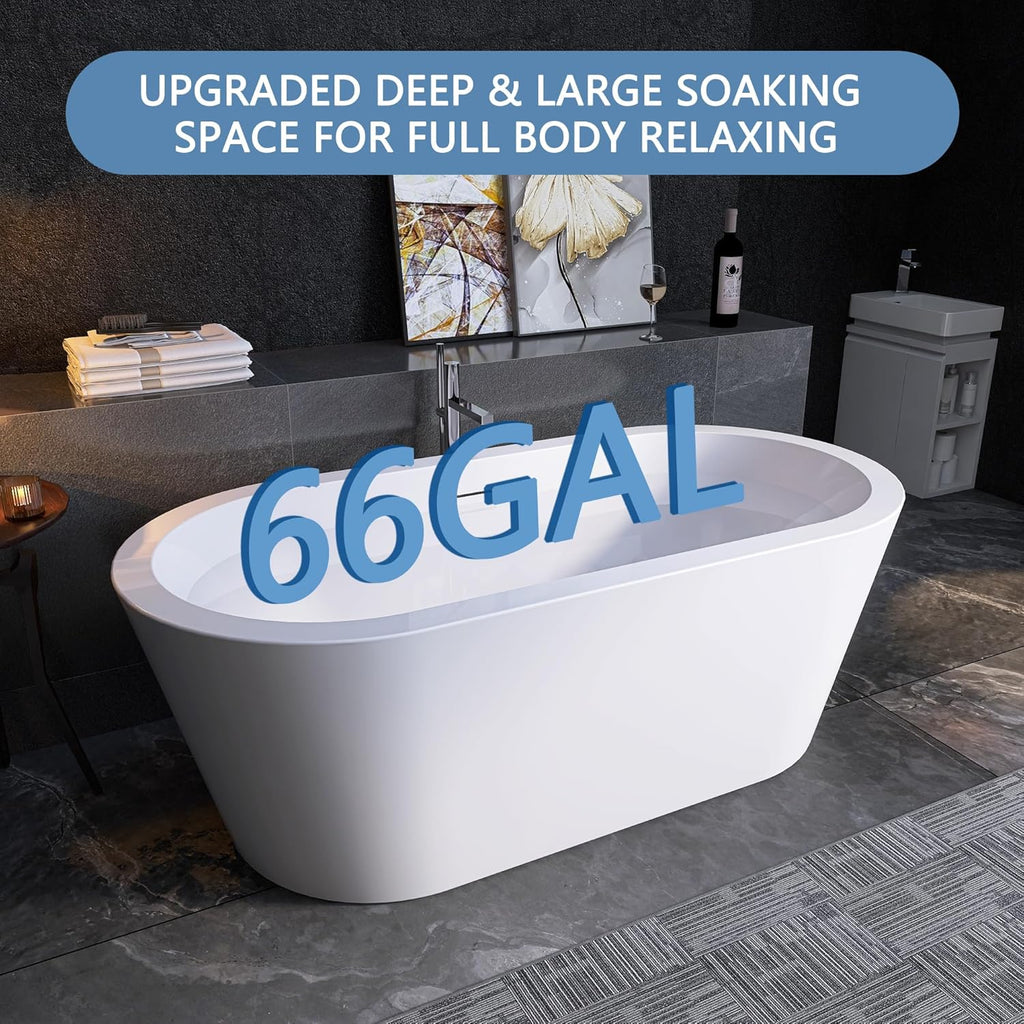 64' Free Standing Tub, Pure Acrylic Freestanding Bathtub, Stylish Stand Alone Contemporary Deep Soaking Bath Tub, cUPC Certified SY1265 (Glossy White)
