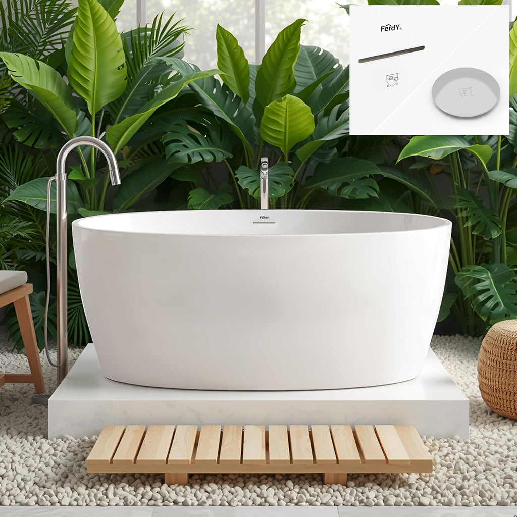 FerdY 59' Acrylic Freestanding Bathtub, Contemporary Soaking tub with Chrome Drain & Overflow, Elegant Oval Shape, cUPC Certified, Tahiti