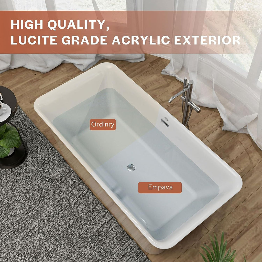 Empava 59' Luxury Freestanding Acrylic Soaking SPA Tub Modern Stand Alone Bathtubs with Custom Contemporary Design , 59 Inch, White