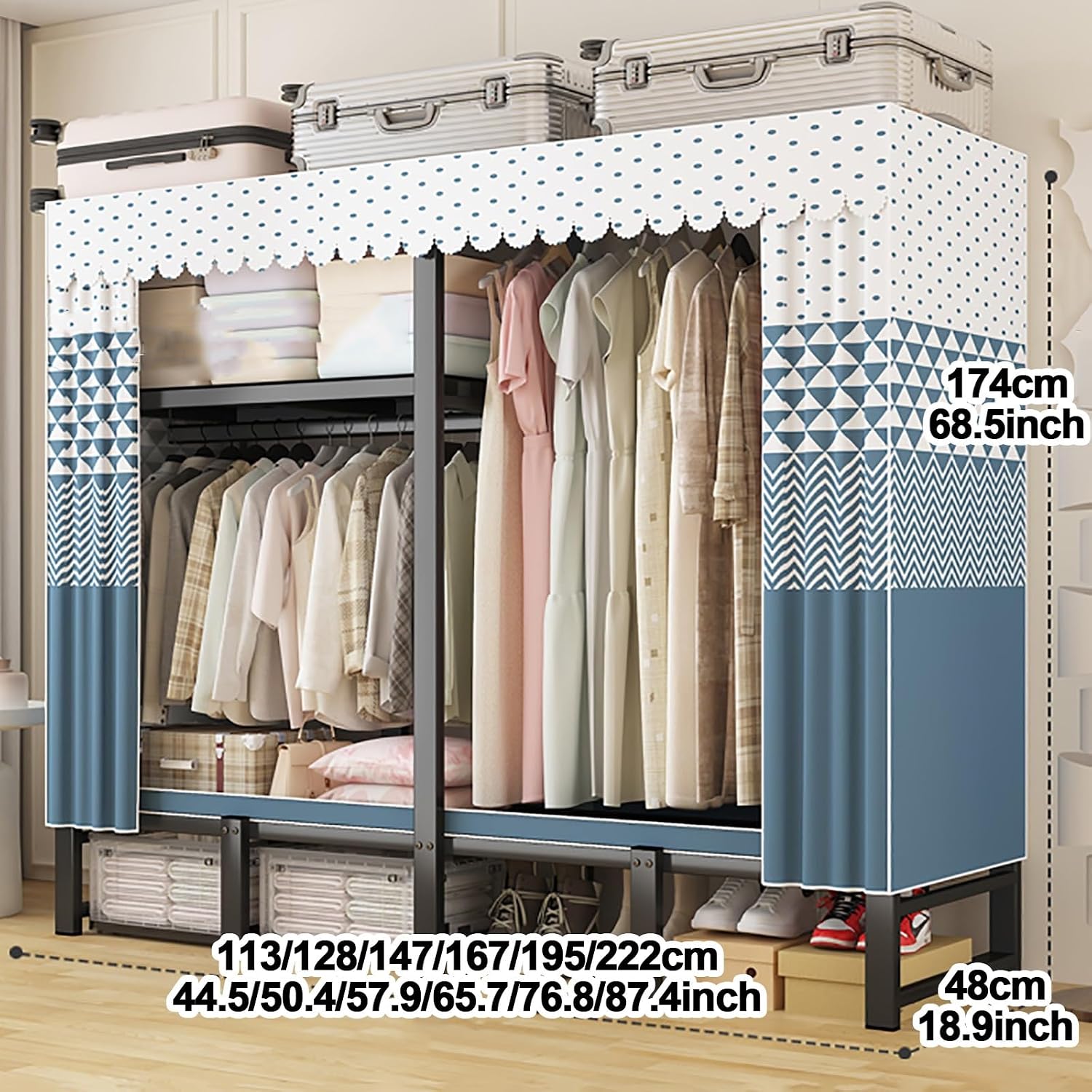 Heavy Duty Portable Wardrobe Closet with Cover, Foldable Metal Clothing Rack for Hanging Clothes, Garment Rack with Cover, Covered Metal Clothes Rack, for Bedroom, Dorm(Blue1,113cm/44.5inch)