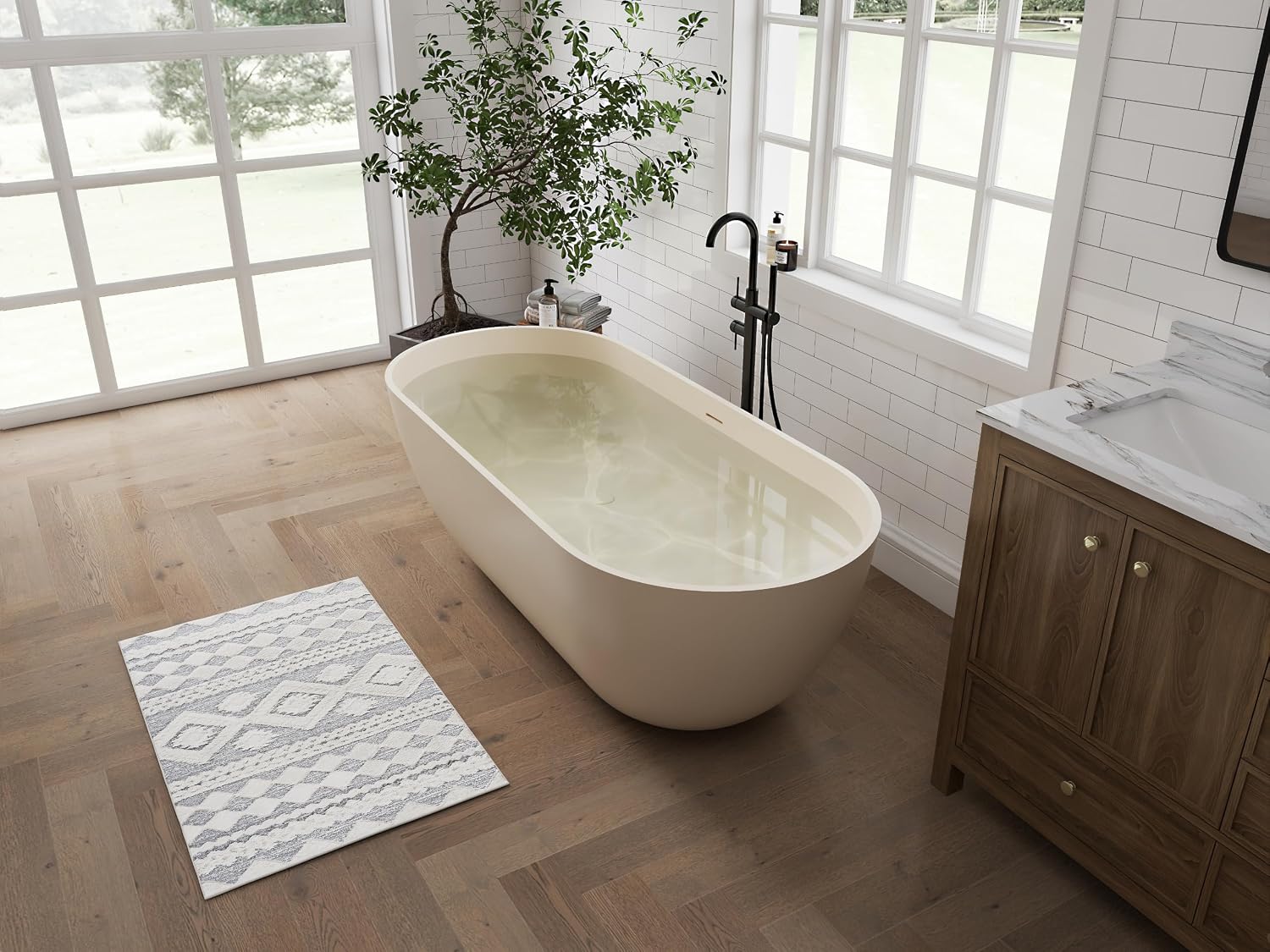 69' Freestanding Solid Surface Bathtub, Matte Cream Beige | Resin Stone, Modern Design Stand Alone Tub with Drain, Colorful Free Stand Tub