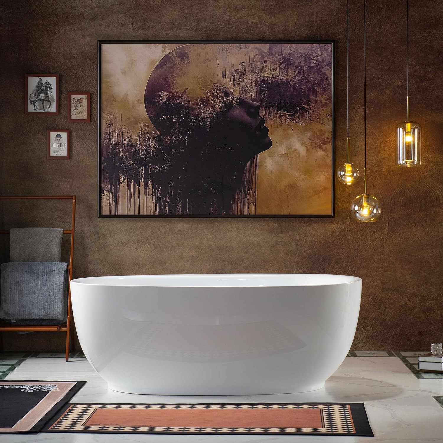 WOODBRIDGE 66' Acrylic Freestanding Bathtub Contemporary Soaking White Tub with Brushed Gold Overflow and Drain，B0027-BG