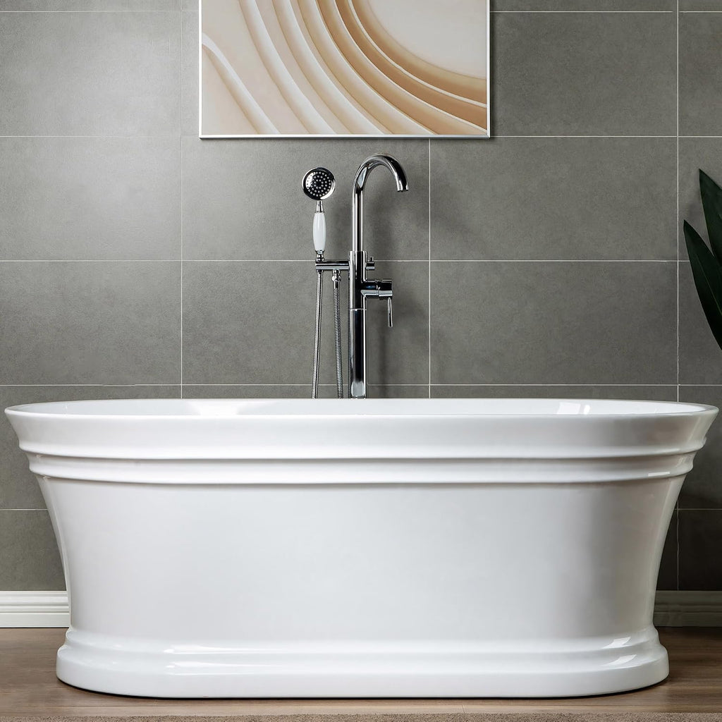 WOODBRIDGE F0002CHVT Fusion Single Handle Floor Mount Freestanding Tub Filler Faucet with Telephone Hand shower in Polished Chrome Finish