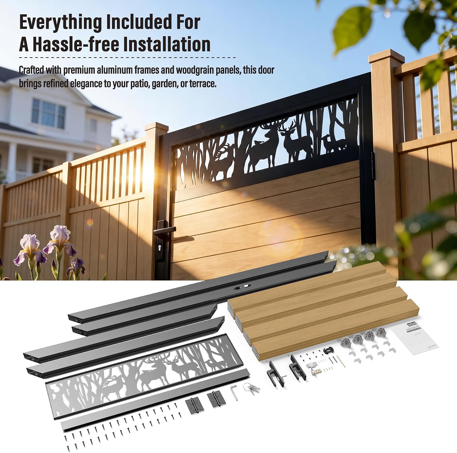 4x6 FT Aluminum Fence Gate Kit Wood Grain Aluminum Gate with Decorative Cutout, Lock & Hinges, Left/Right Opening, Weather Resistant for Yard Garden Patio
